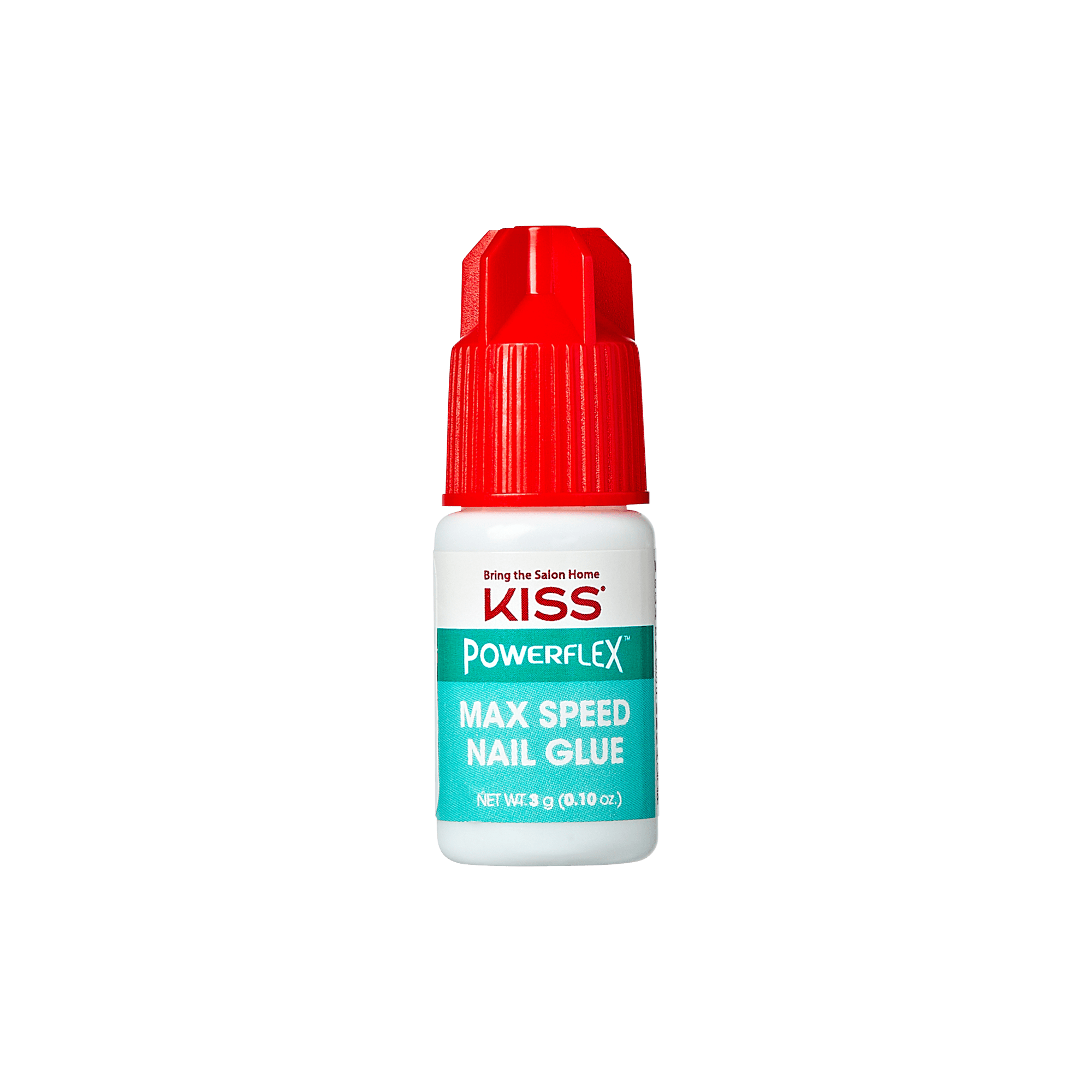 Small white plastic bottle of KISS PowerFlex Max Speed Nail Glue with a bright red cap. The teal label reads \