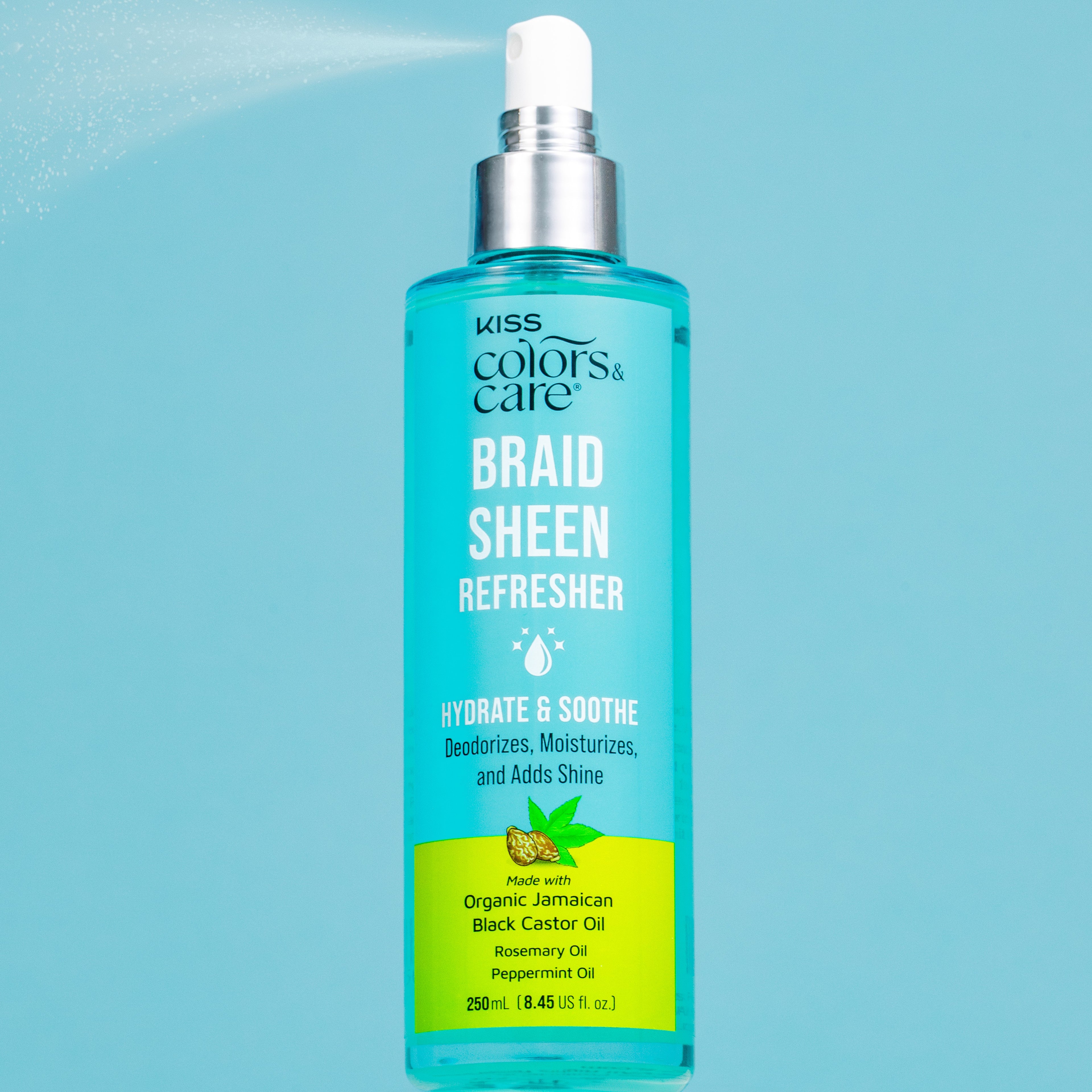 Blue spray bottle of Kiss Colors & Care Braid Sheen Refresher with silver pump, highlighting hydration, deodorizing, and shine with organic oils.