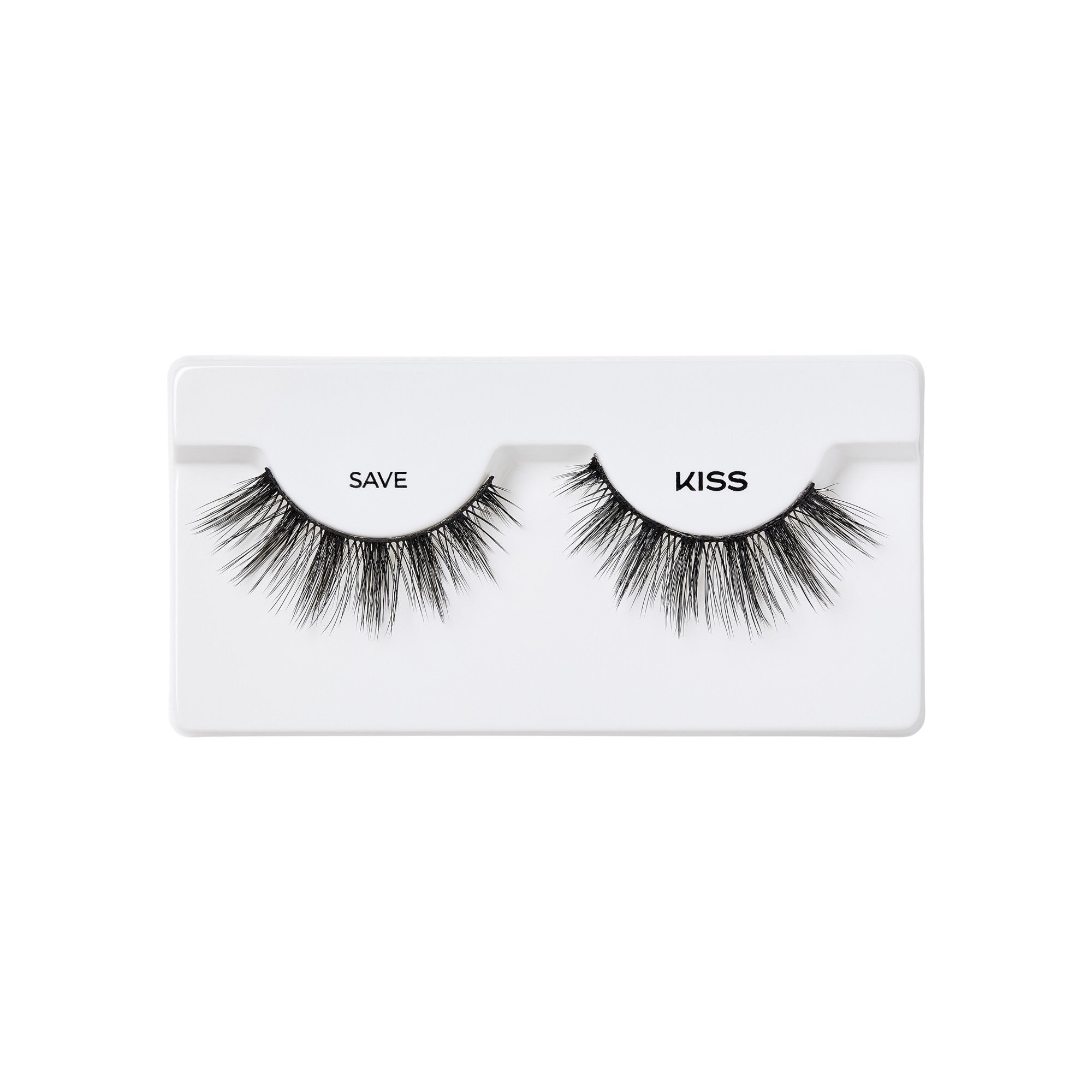 Pair of black, voluminous false eyelashes on white tray with the left labeled \
