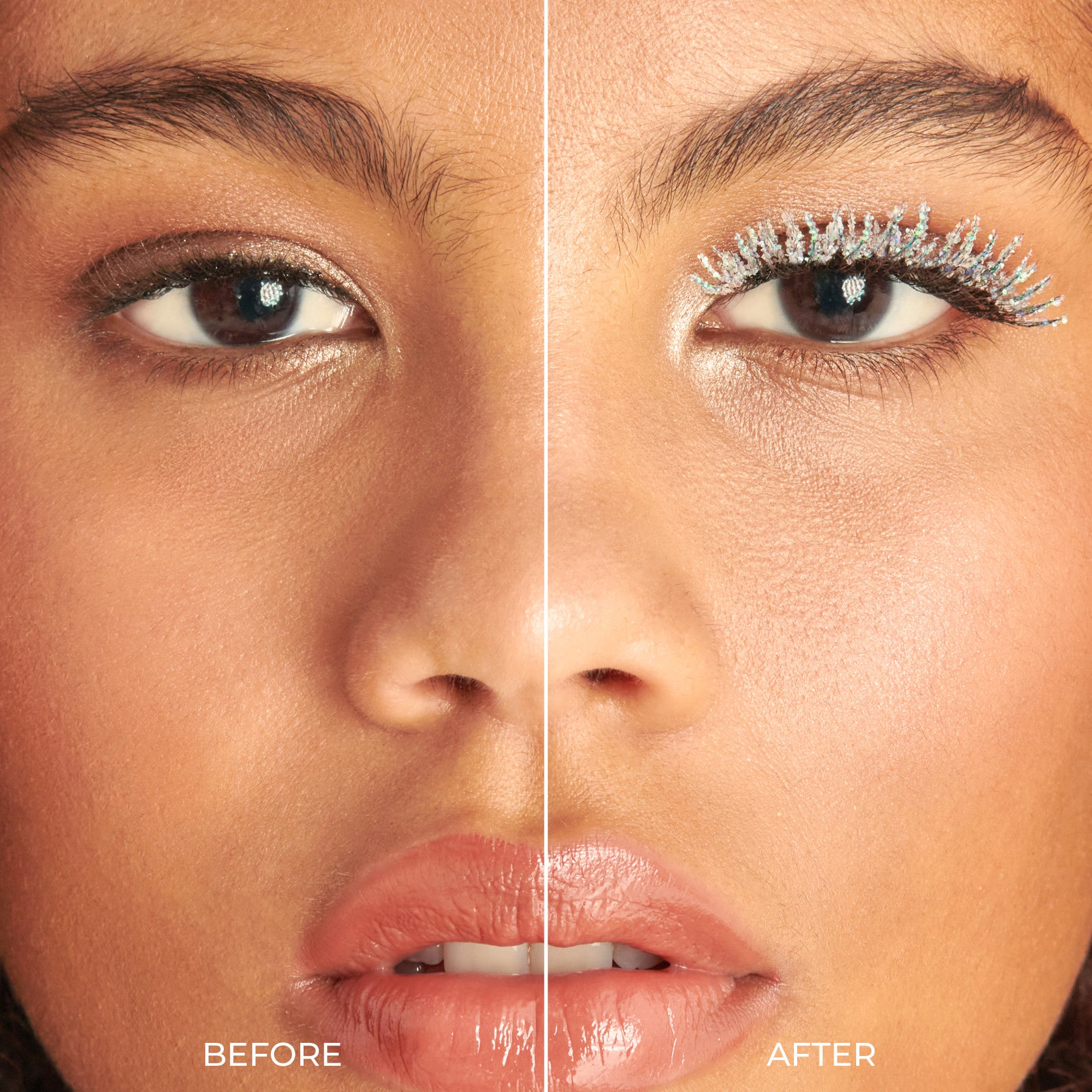 Before and after makeup comparison showing eye and lip enhancement.