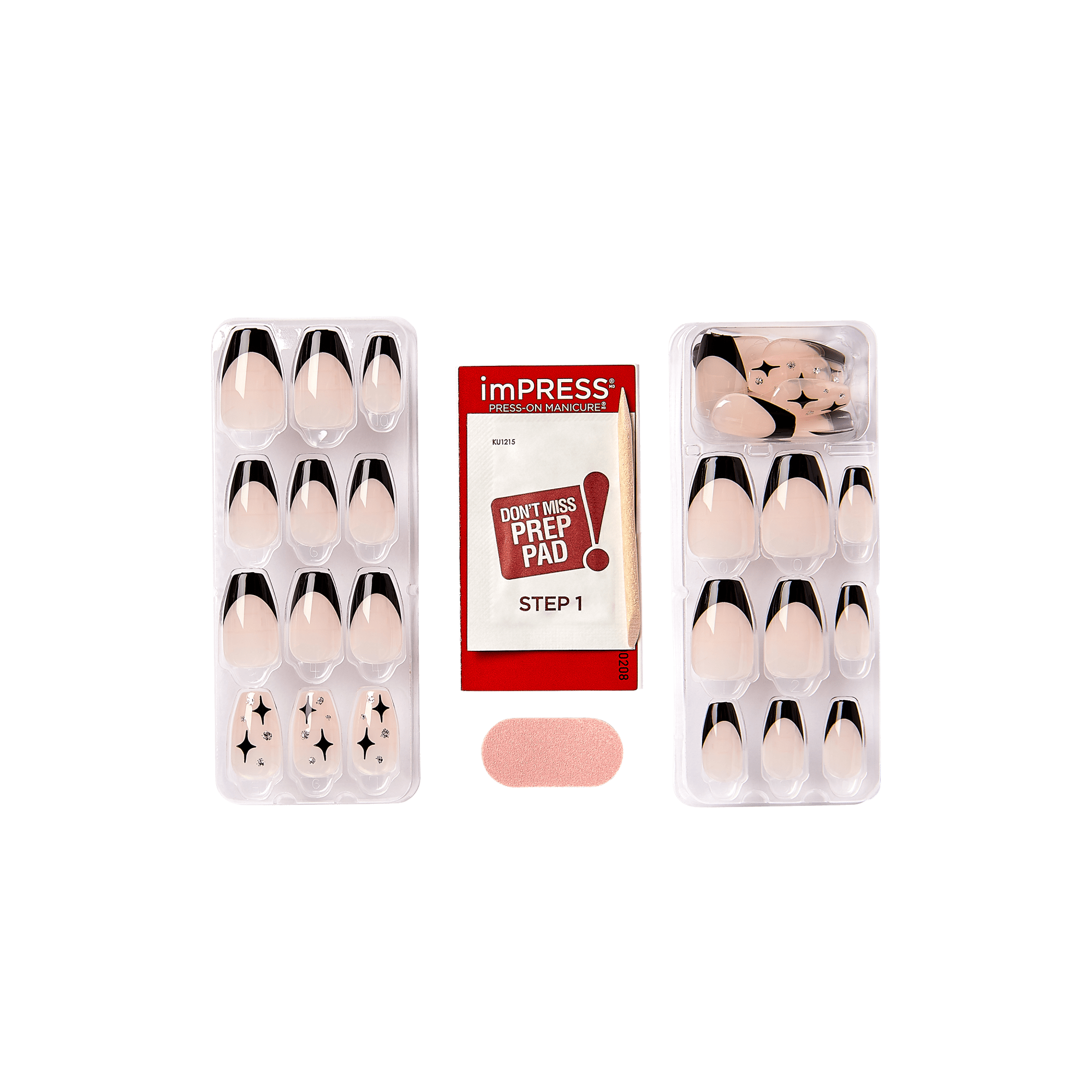 Two trays of nude press-on nails with black tips and starry designs, a red and white prep pad labeled \