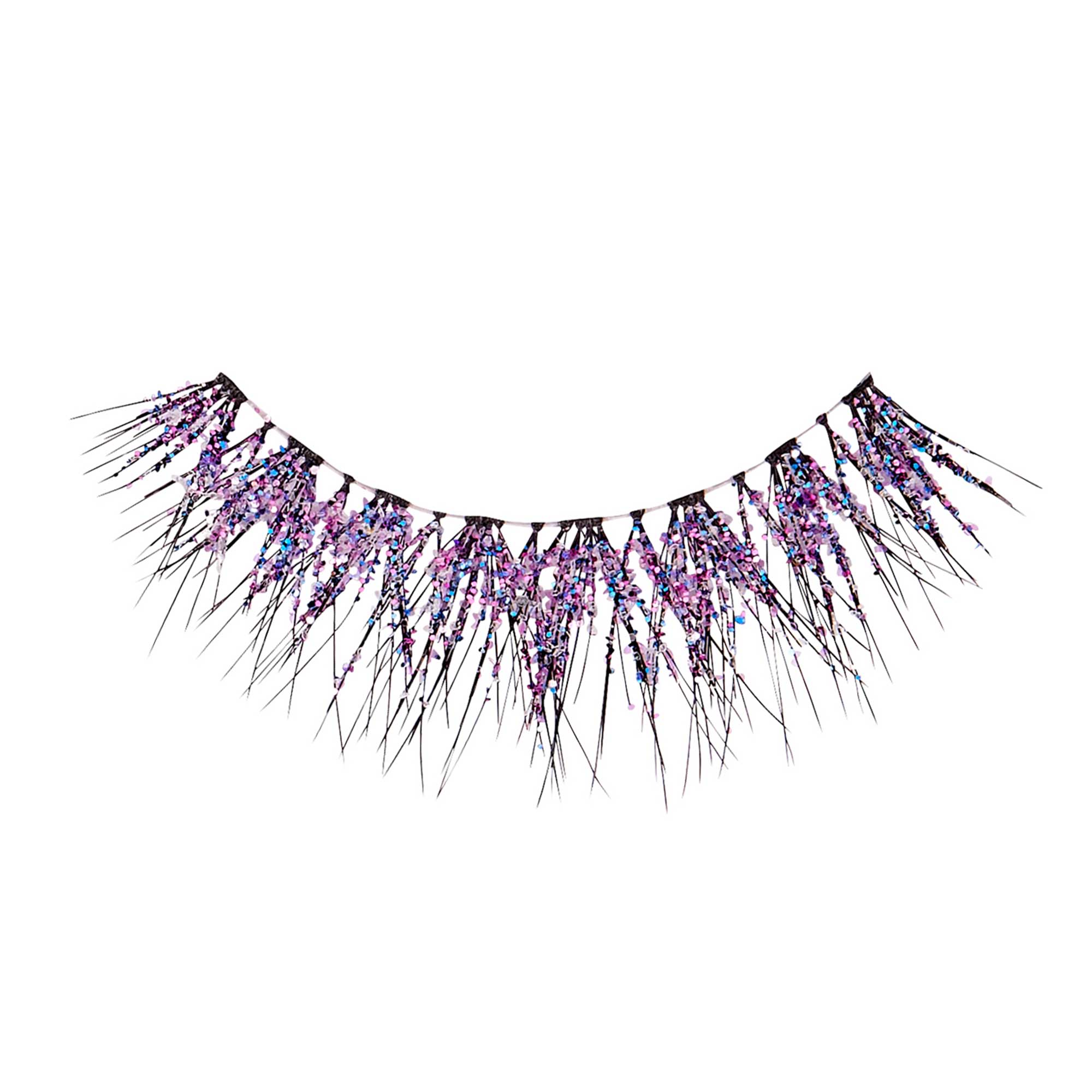 Single false eyelash with long, spiky black strands adorned with pink and iridescent blue glitter, shown on a white background.