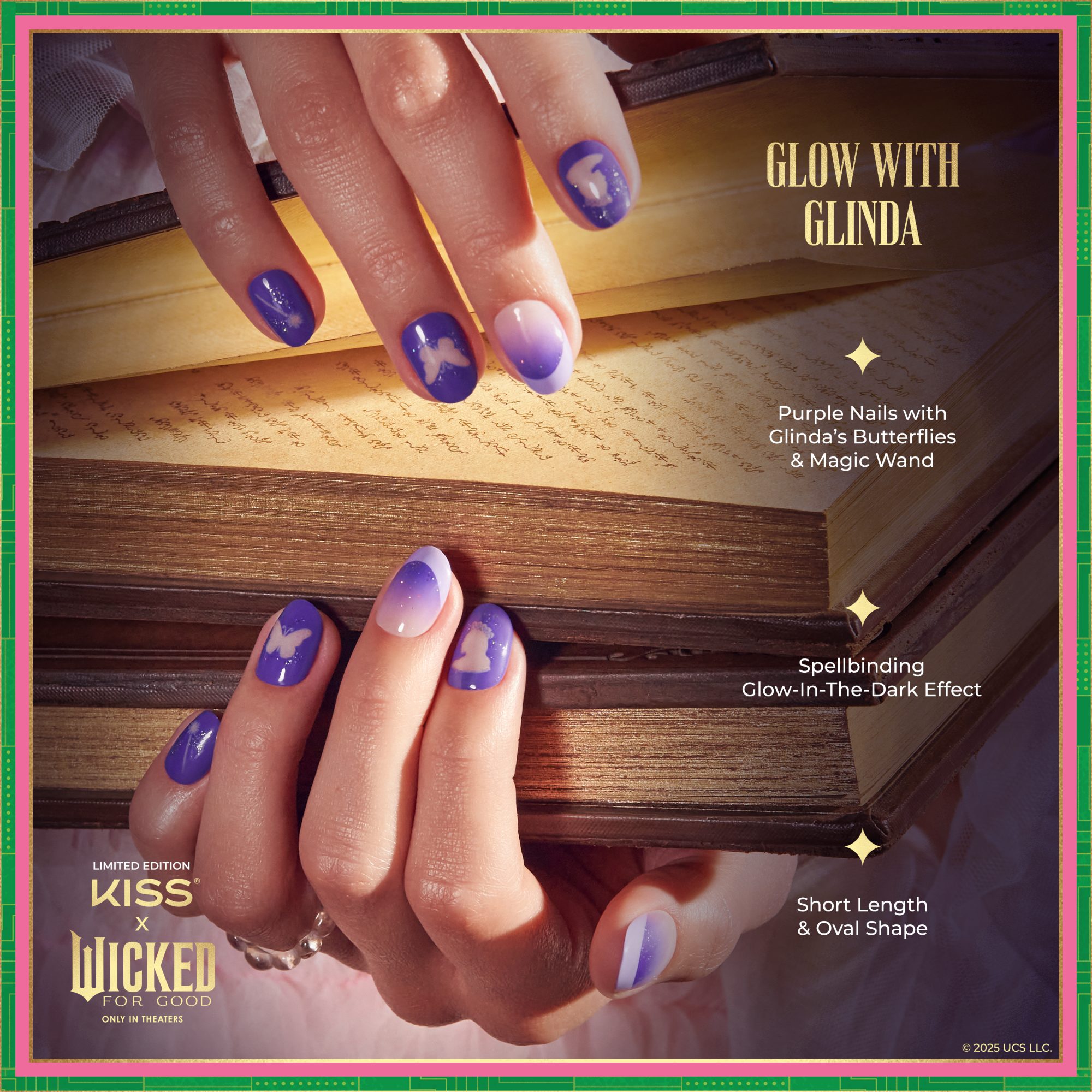 Hands with short, oval-shaped purple nails featuring Glinda&