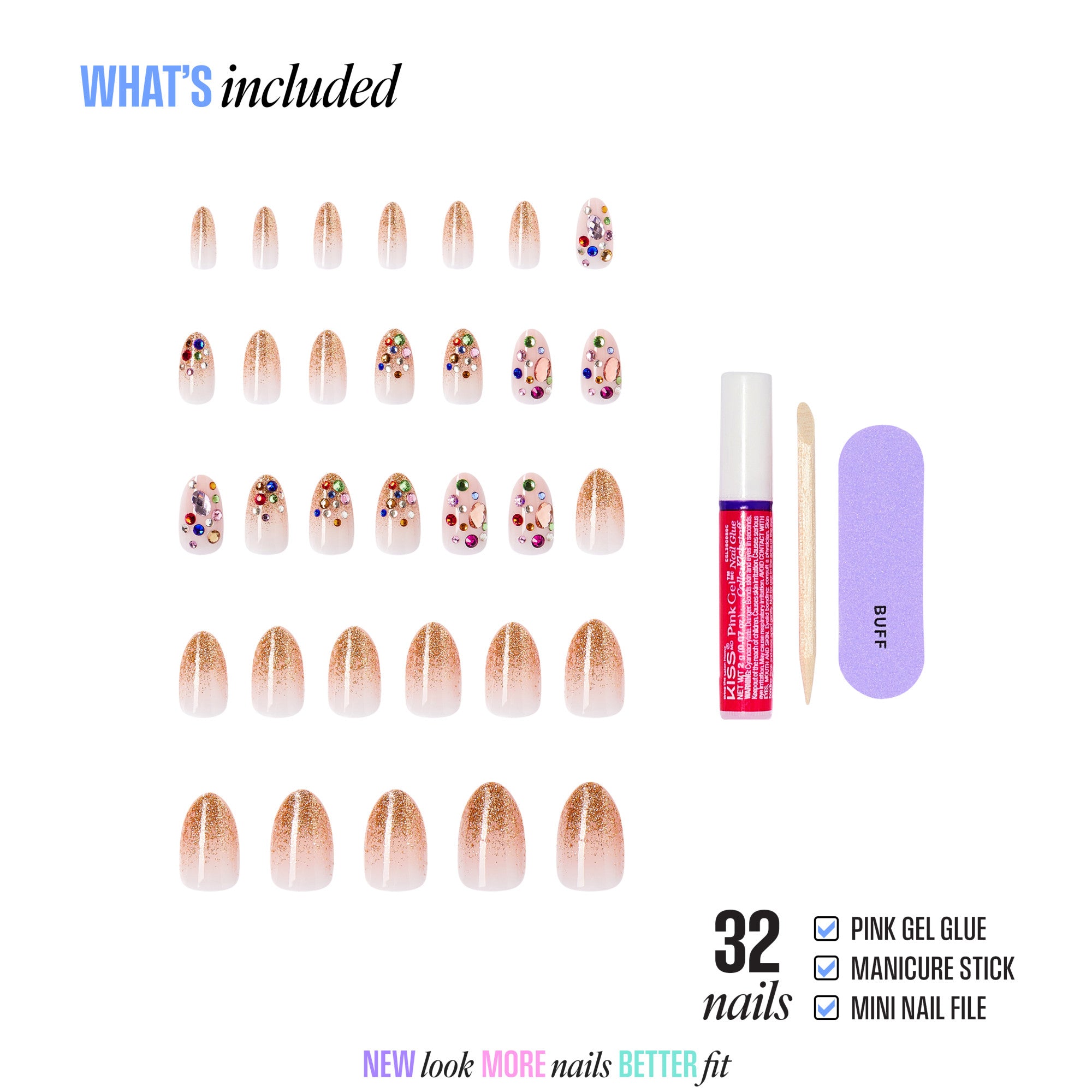 32-piece press-on nail set with gel glue, manicure stick, and nail file included.