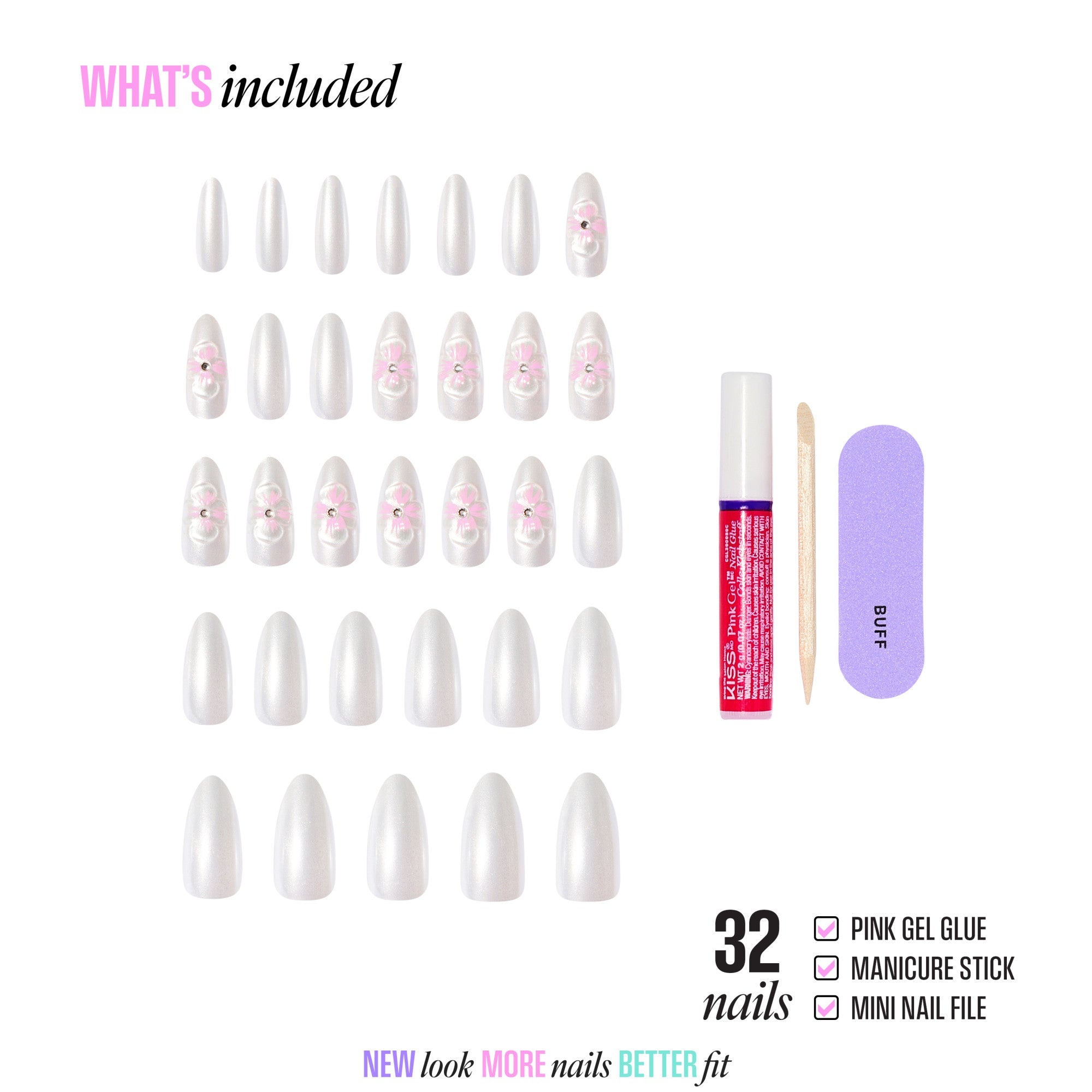 32-piece press-on nail set with gel glue, manicure stick, and file included.