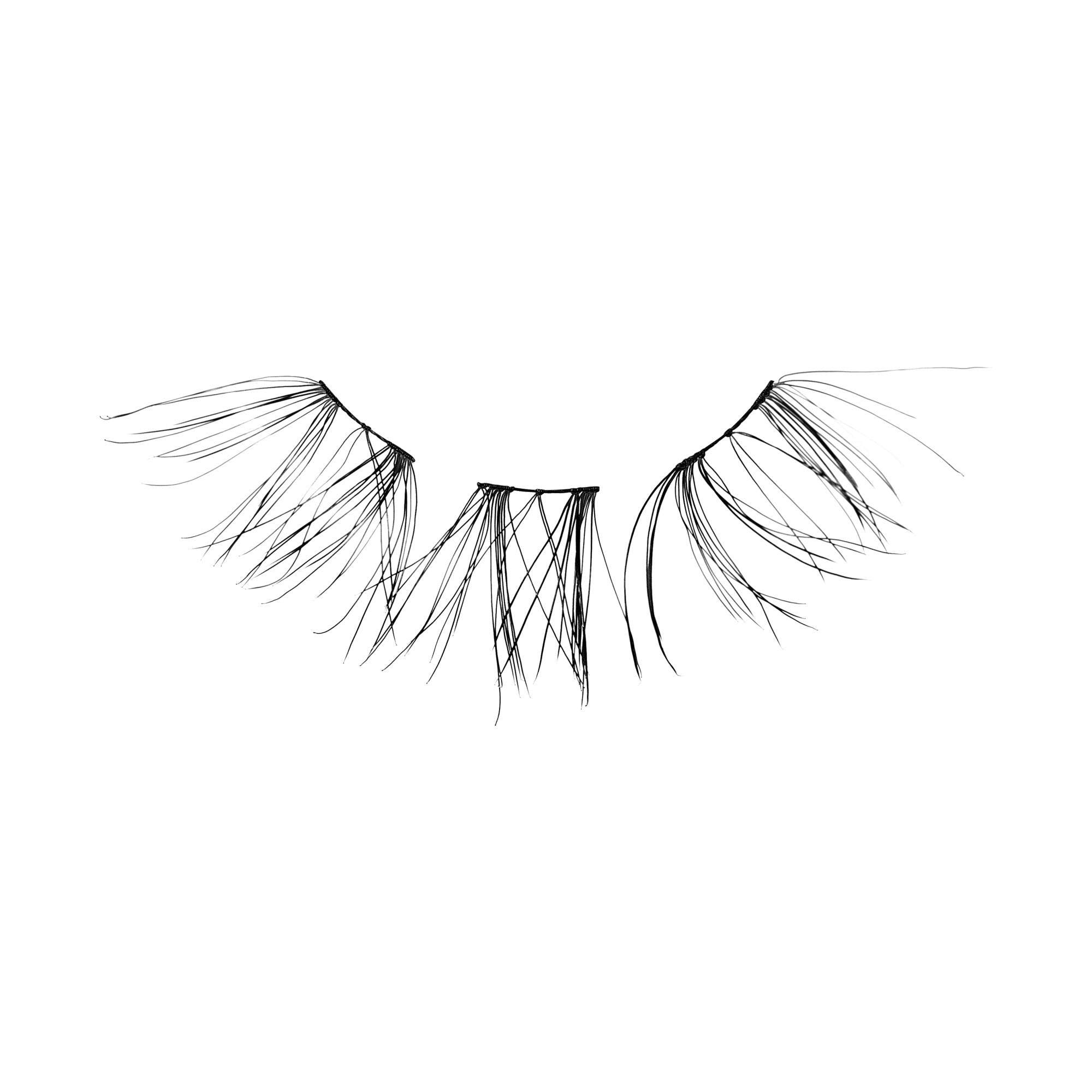 Delicate pair of black wispy false eyelash sections arranged in a fan shape on a white background, showing natural sparse styling.