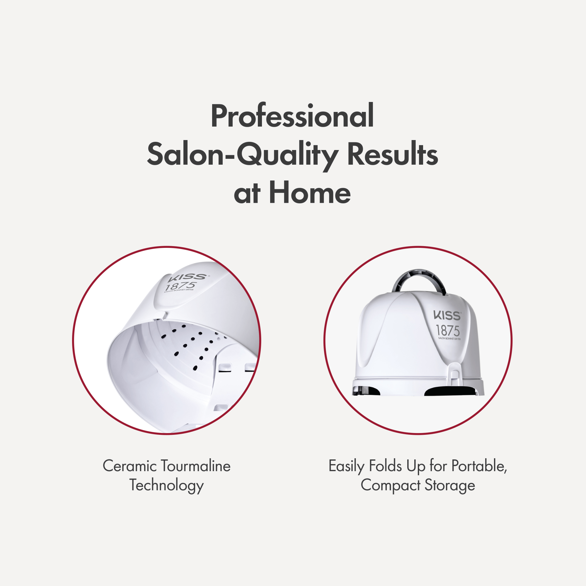 White KISS 1875W Salon Bonnet Hair Dryer shown in two close-ups: interior with ceramic tourmaline technology and folded compact design for portability. Text reads \