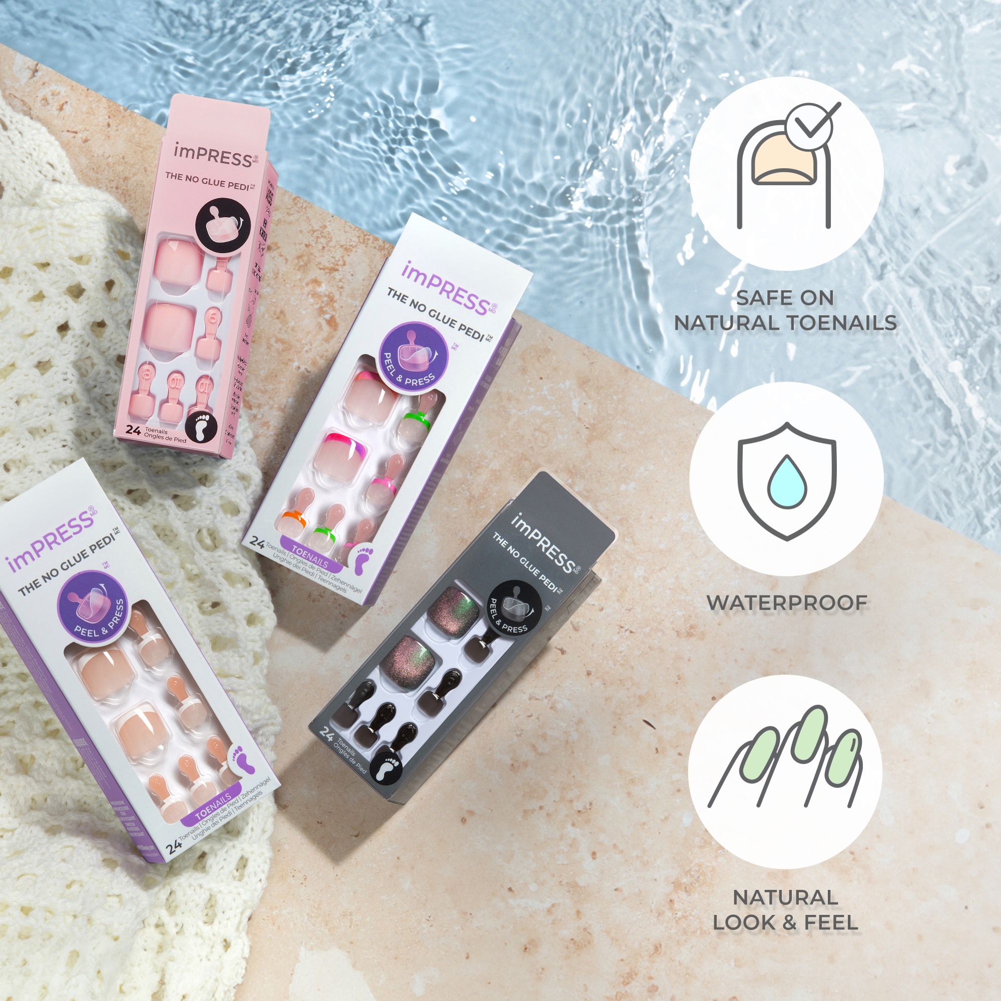 Four imPRESS press-on pedicure packages in varied designs are arranged on a stone surface by a pool and a crocheted white cloth. Icons and text highlight features: safe on natural toenails, waterproof, and natural look and feel.