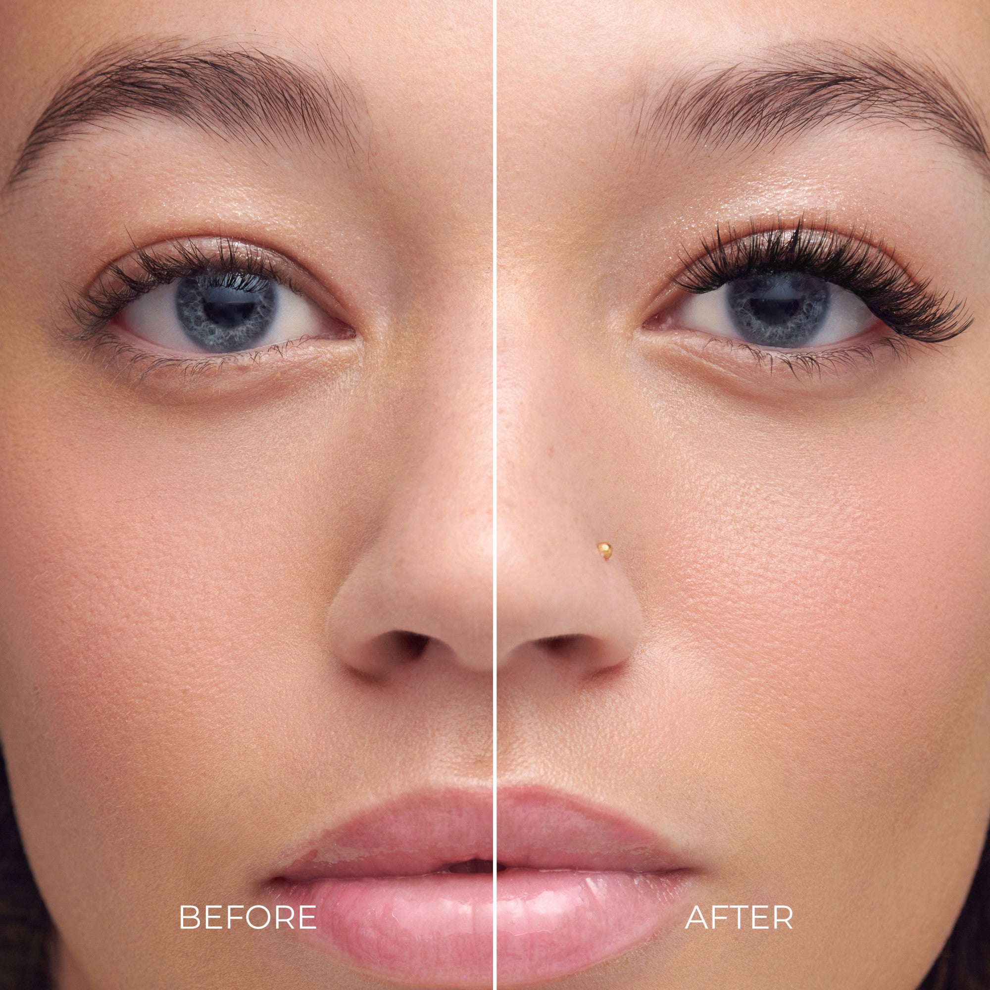 Before and after lash extension comparison showing natural versus enhanced lashes.