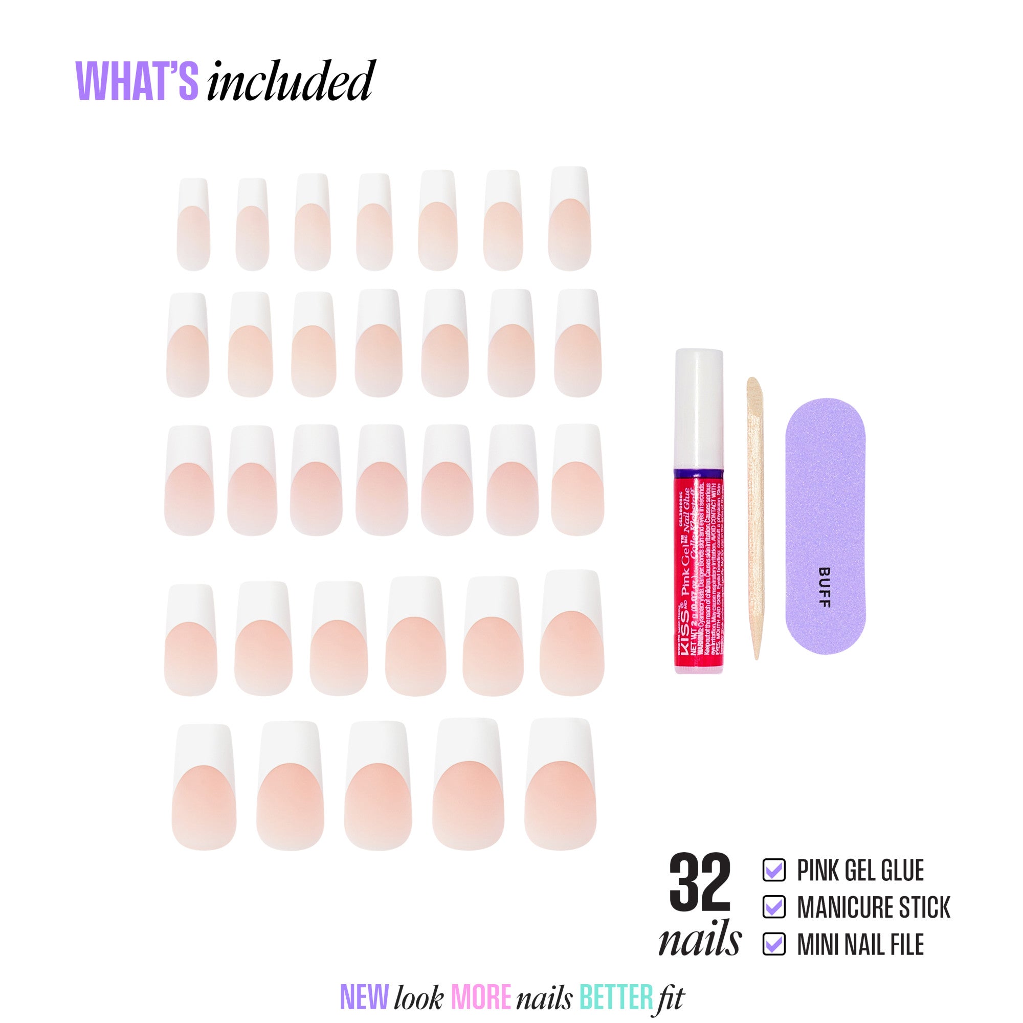 32 nude pink ombre press-on nails with gel glue, manicure stick, and mini nail file included.