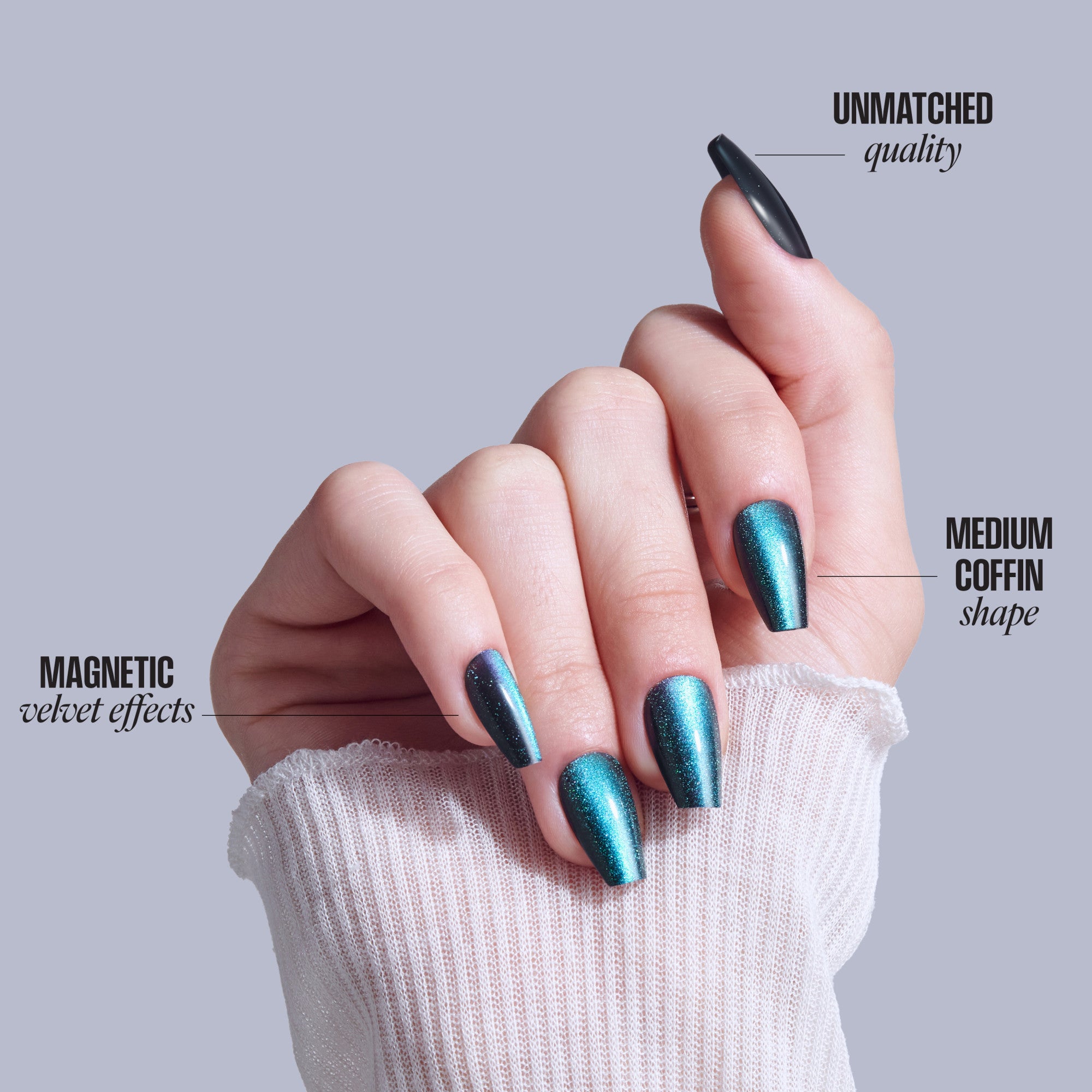 Magnetic teal nail polish on medium coffin nails with velvet effects, unmatched quality product display.