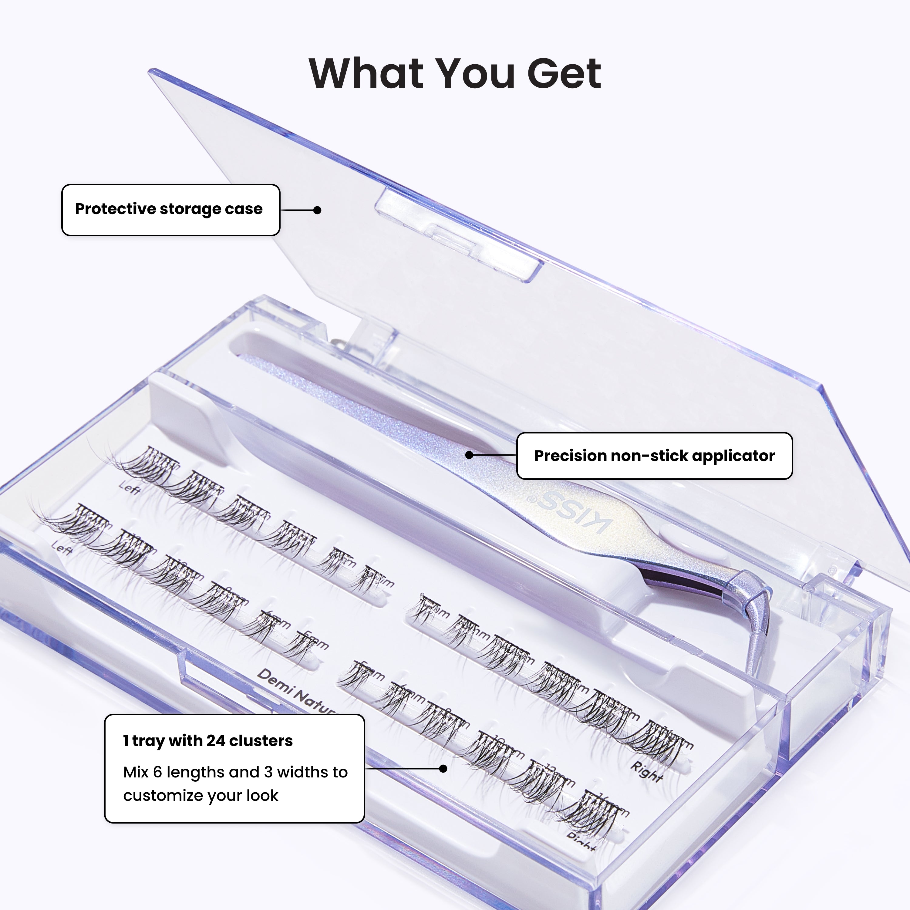 Eyelash extension kit with protective storage case, precision non-stick applicator, and tray with clusters.