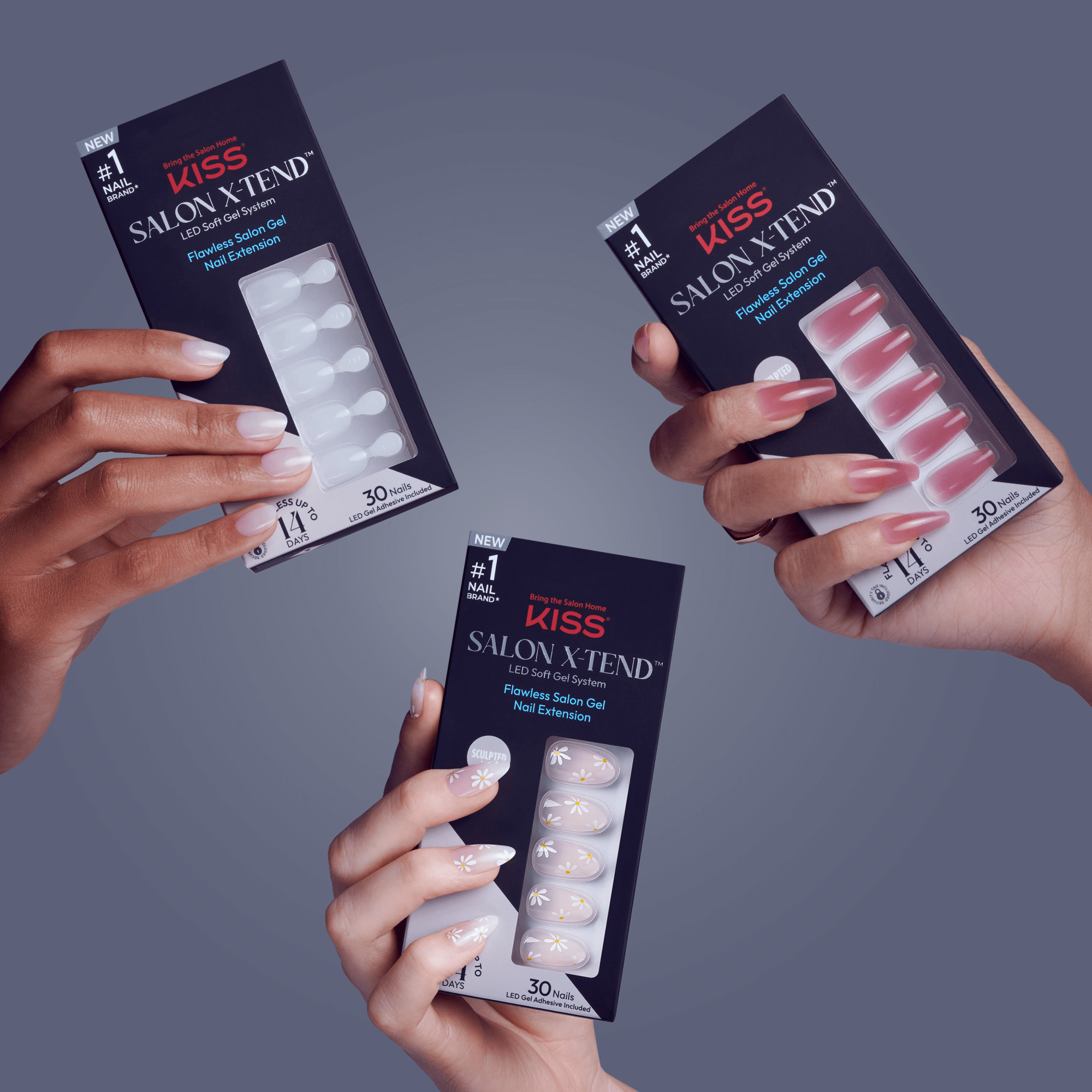 Three hands hold KISS Salon X-TEND LED Soft Gel System press-on nail packages in a circular layout. Each box contains 30 nails with LED gel adhesive included. The nail sets shown are plain white, solid pink, and translucent with white daisy flower designs.