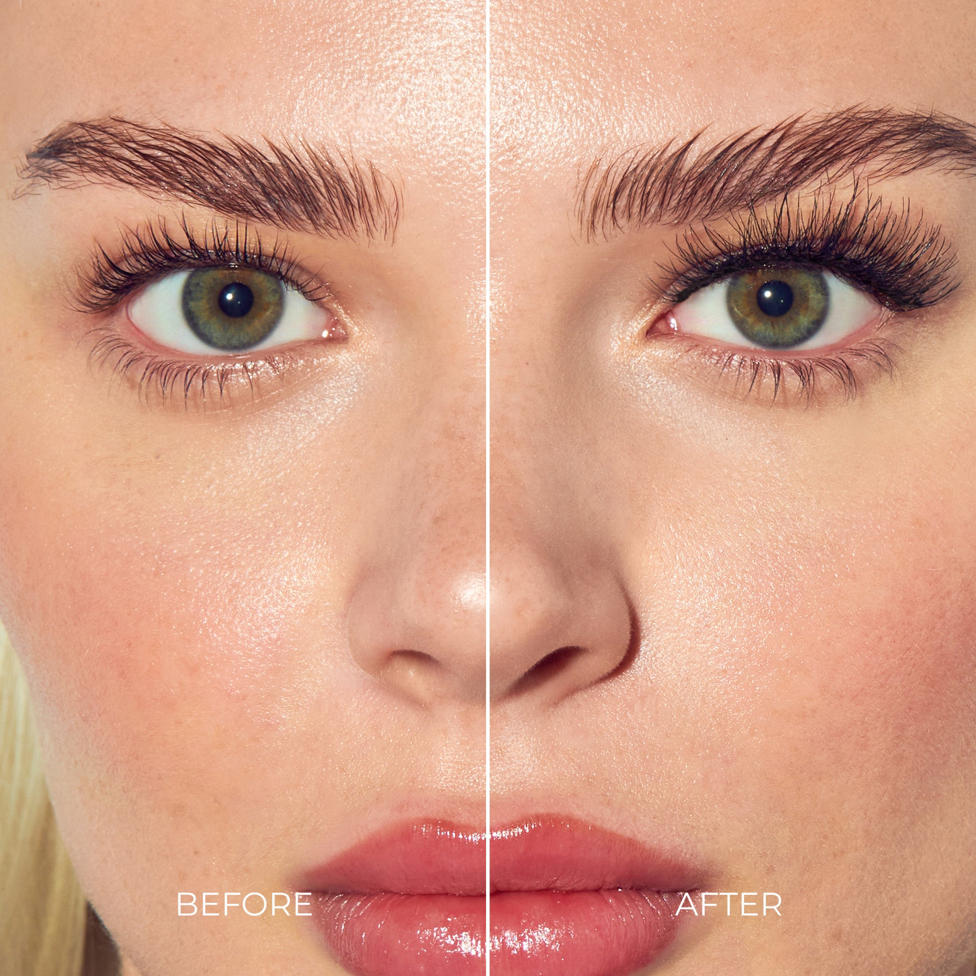 Before/after makeup comparison showing eyebrow and eyelash enhancement results