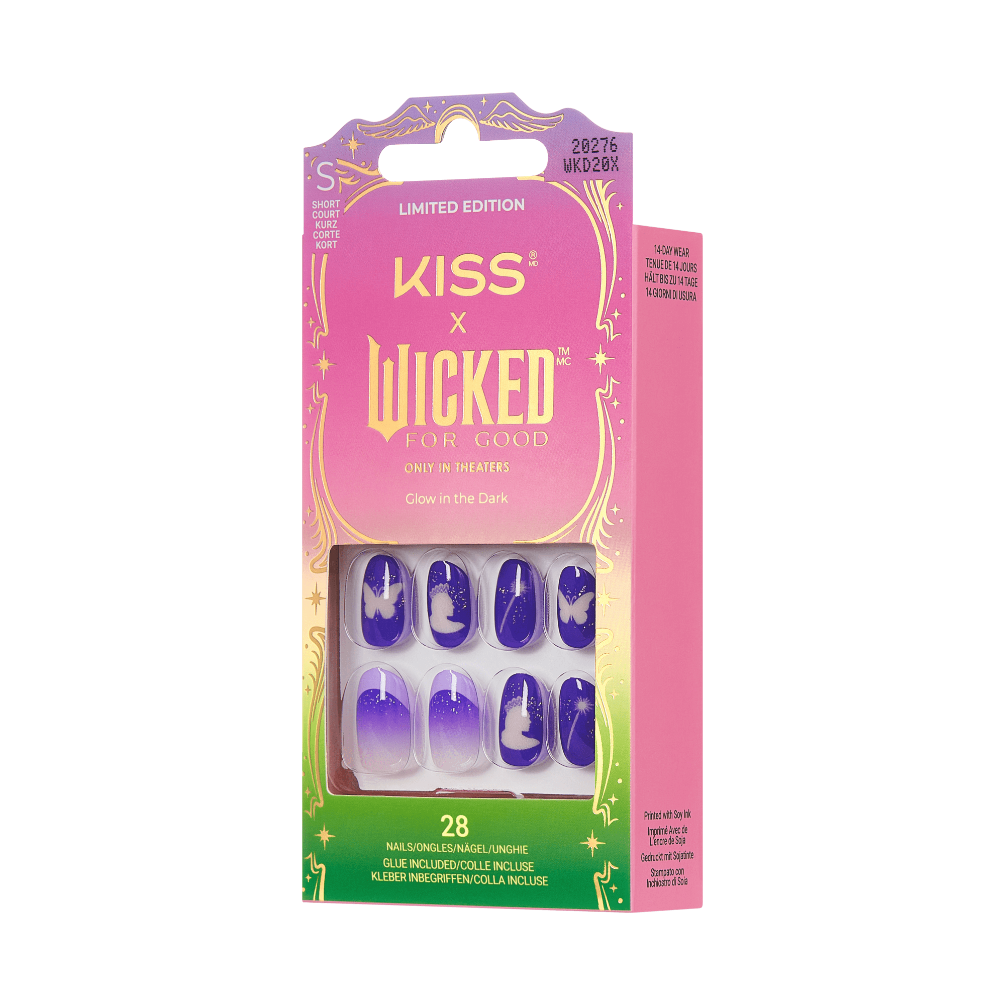 Limited edition KISS x Wicked For Good glow-in-the-dark short press-on nails set with 28 nails, featuring purple gradient and white magical designs.