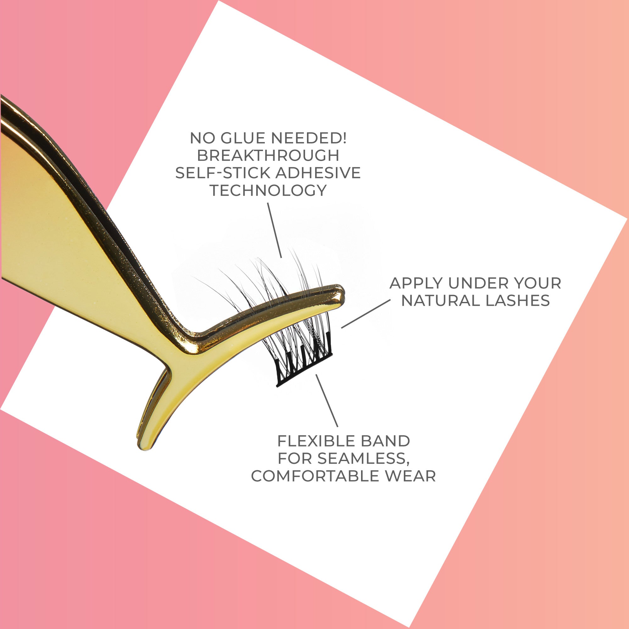 Gold applicator holding a cluster of black self-adhesive false eyelashes with callouts highlighting no glue needed, flexible band for comfort, and application under natural lashes.