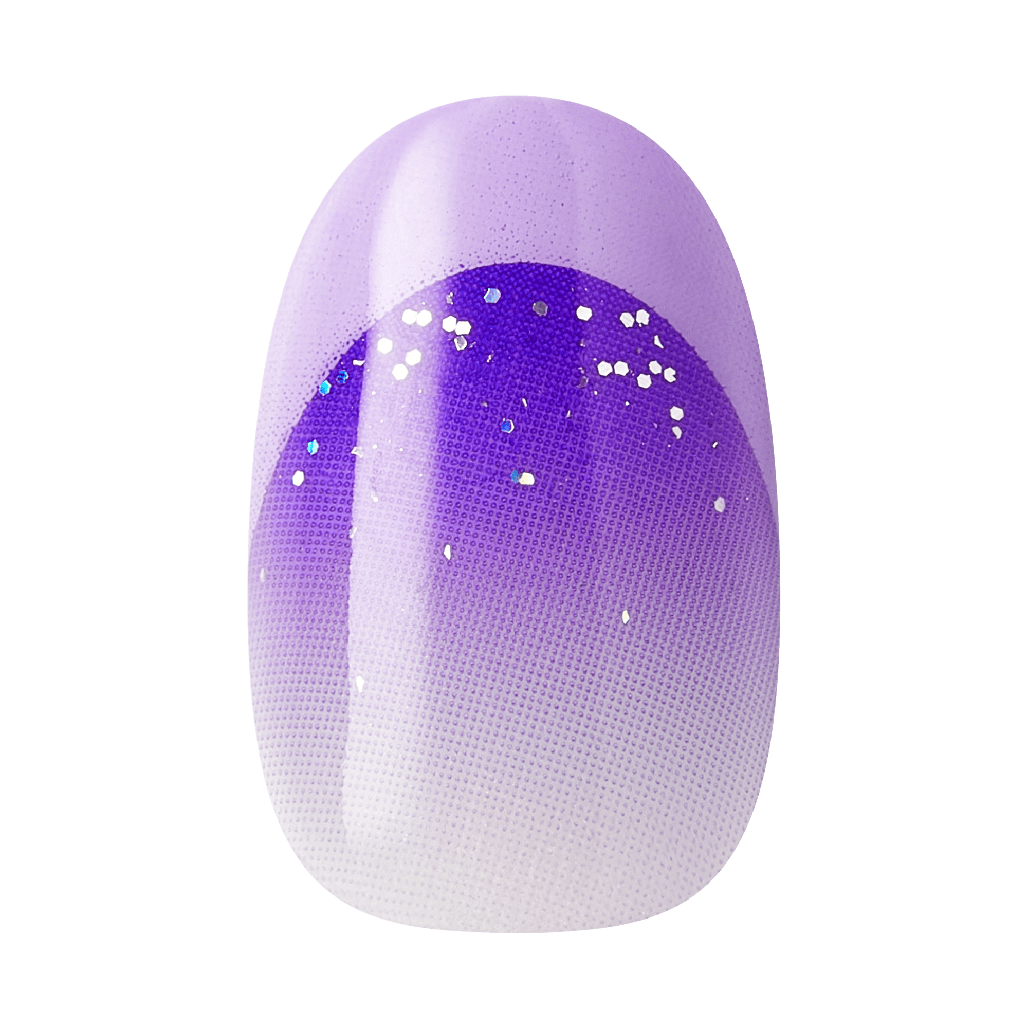 Glossy press-on nail with a gradient from light lavender at the tip to deep purple near the base, accented with small silver glitter pieces on the upper middle.
