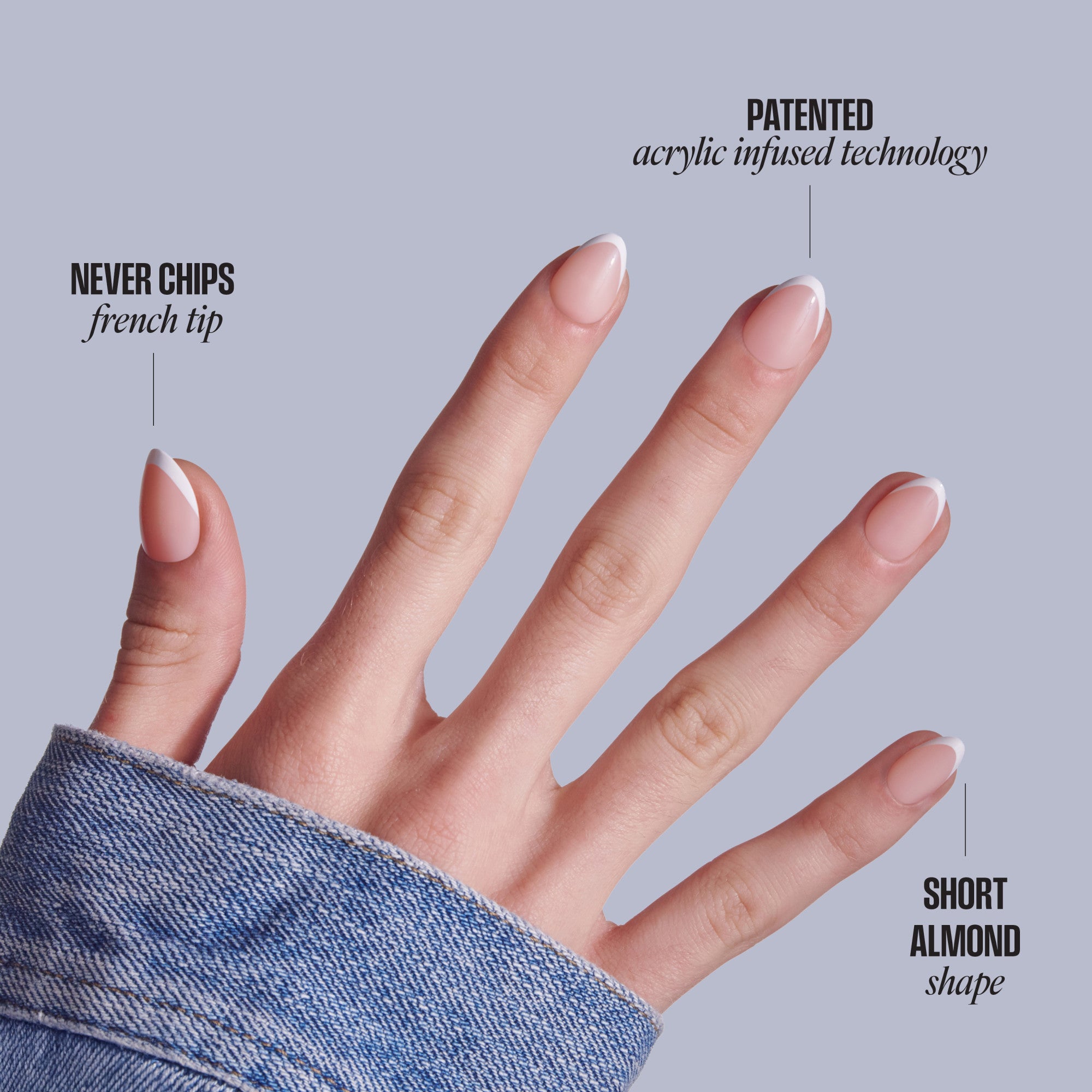 Manicured hand displaying acrylic nails with French tip, never chips technology, and almond shape design.