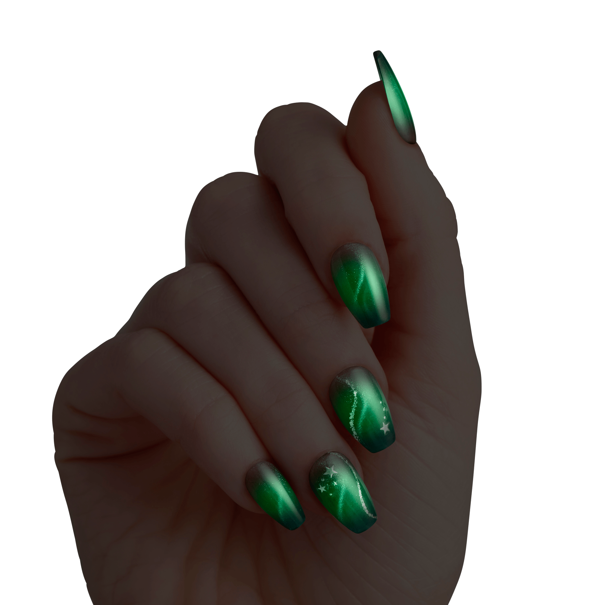 Hand with five medium-length, almond-shaped press-on nails featuring a shiny green gradient design with white star and swirl accents, shown against a plain background.