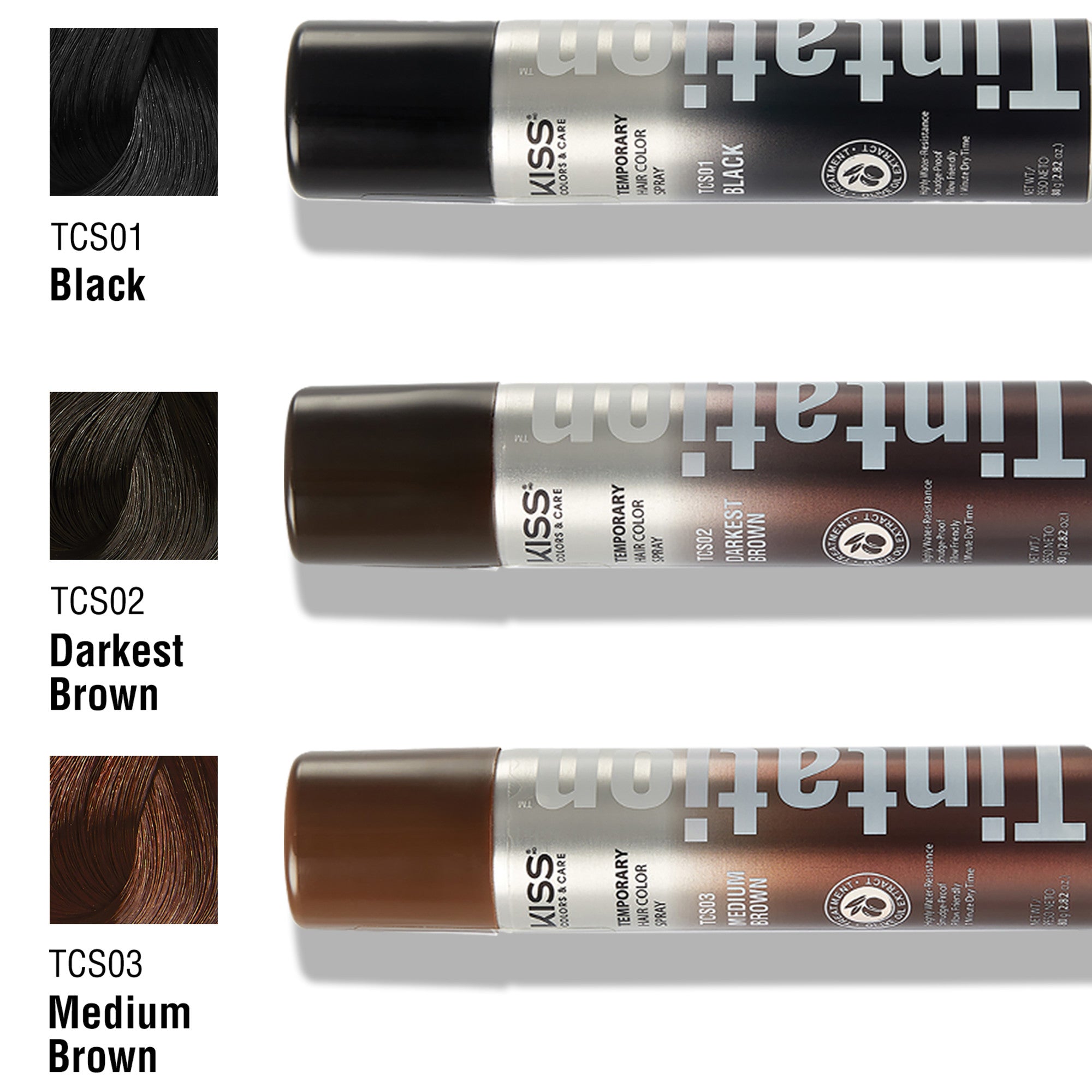 Three horizontal spray cans of KISS Colors & Care Temporary Hair Color in shades Black, Darkest Brown, and Medium Brown with corresponding hair color swatches on the left.