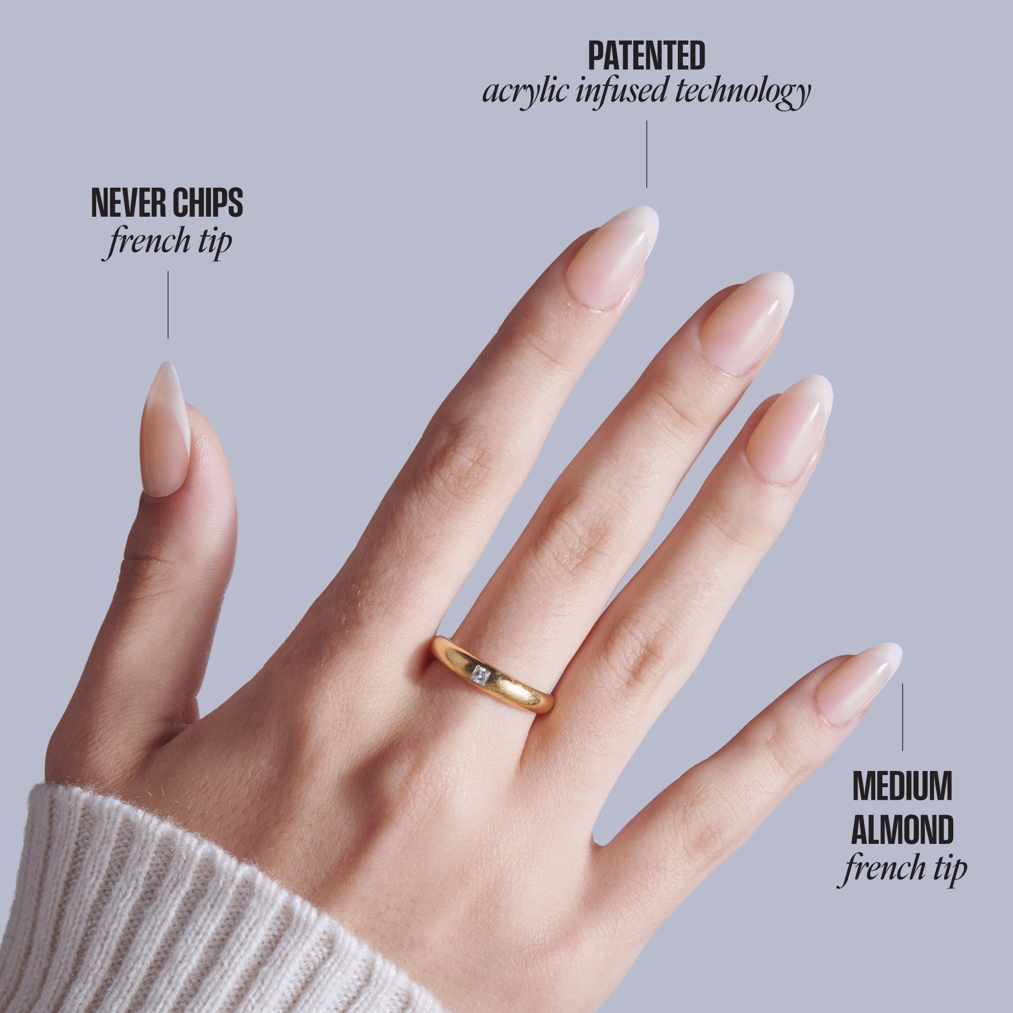 Hand displaying French tip acrylic nails with patented acrylic infused technology, never chips.