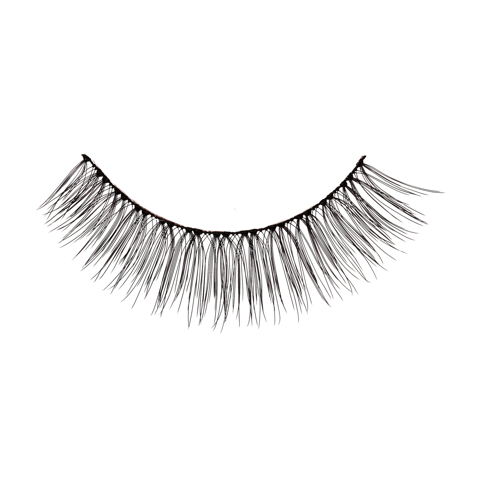 Single strip of delicate black false eyelashes with a thin band, designed for a natural look, shown against a white background.