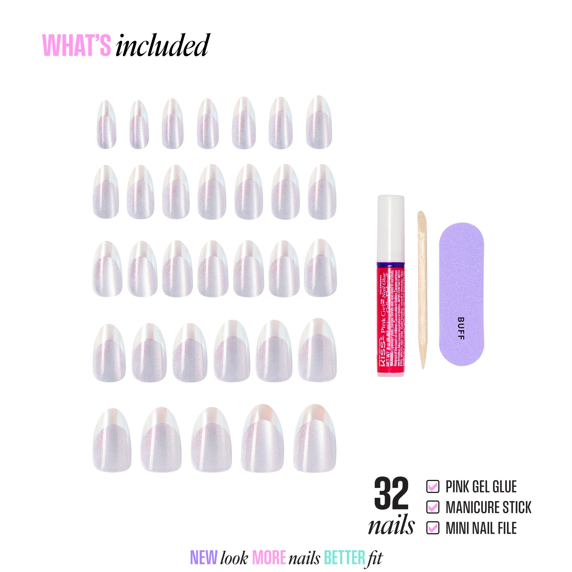 32 press-on nails in iridescent pearl with pink gel glue, manicure stick, and mini file included.