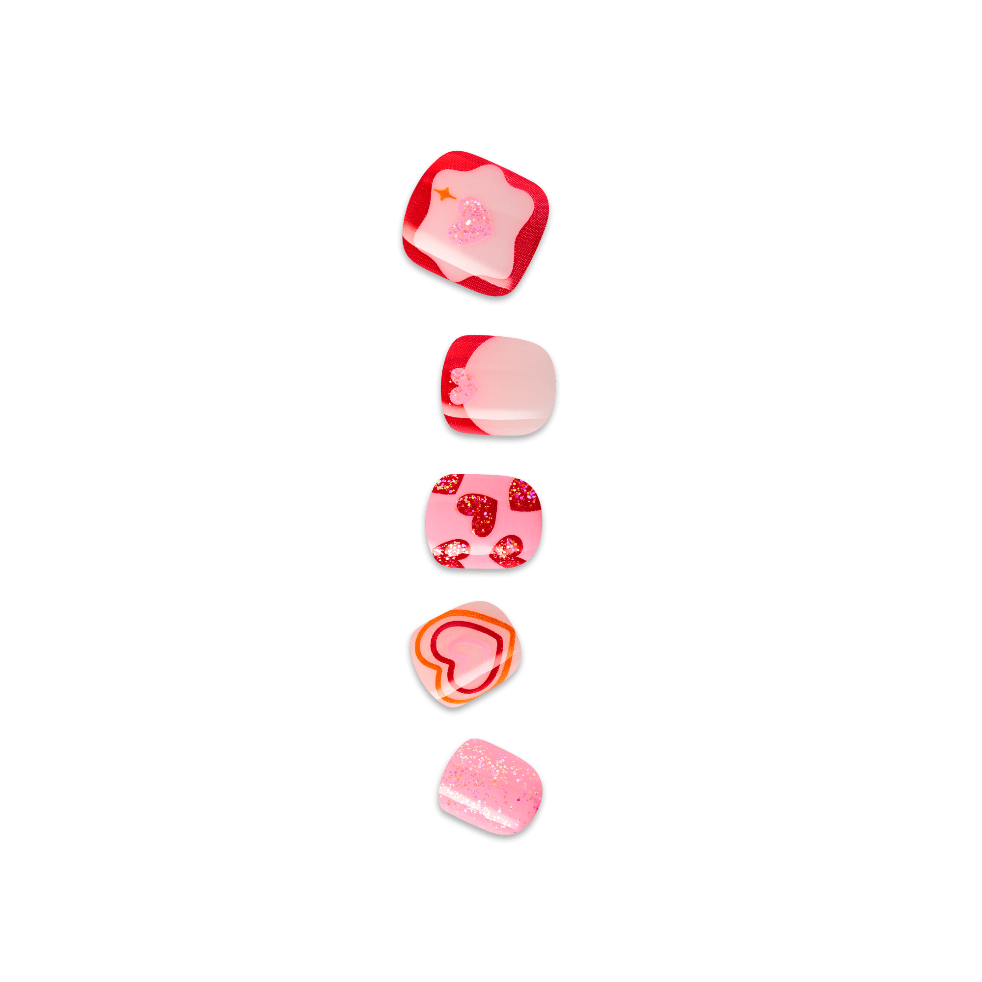Five decorative heart-shaped lip balms in pink and red shades with glitter and patterns.