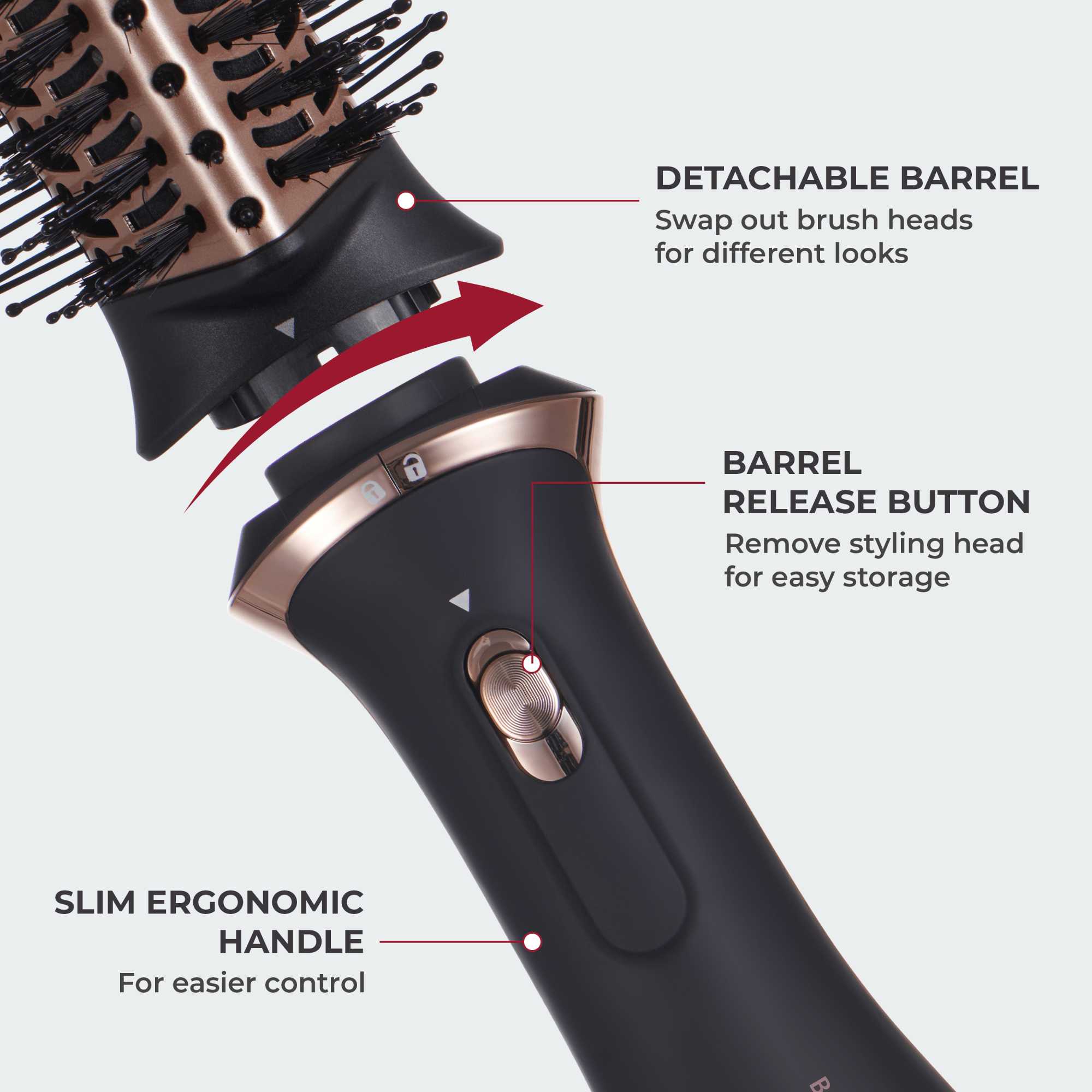 Black and rose gold KISS Volume Boosting Air Brush showing detachable round barrel with bristles, barrel release button, and slim ergonomic handle for easy control.