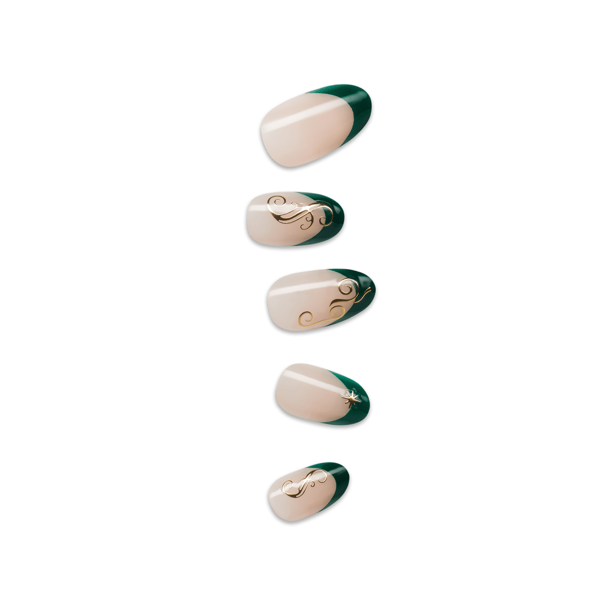 Set of five press-on nails with beige and dark green diagonal color blocking, featuring gold decorative swirls and a small star embellishment on one nail.