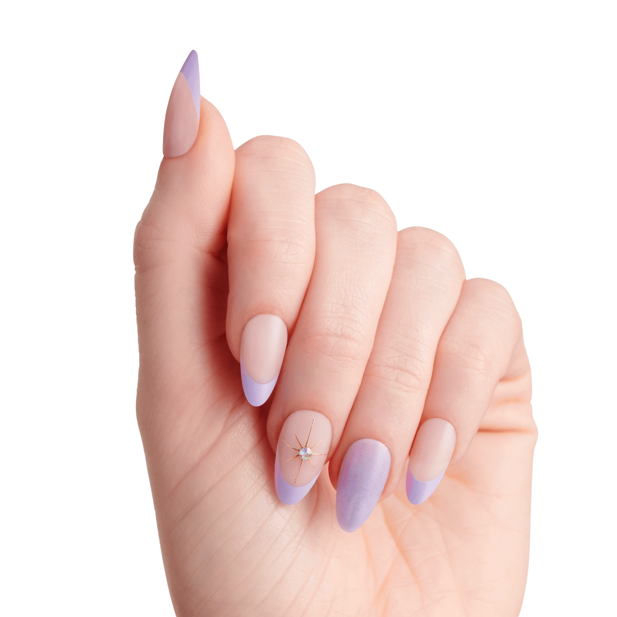 Hand with almond-shaped nails featuring a nude base and lavender tips, one nail with a lavender gradient and another decorated with a gold star design and a small gem.