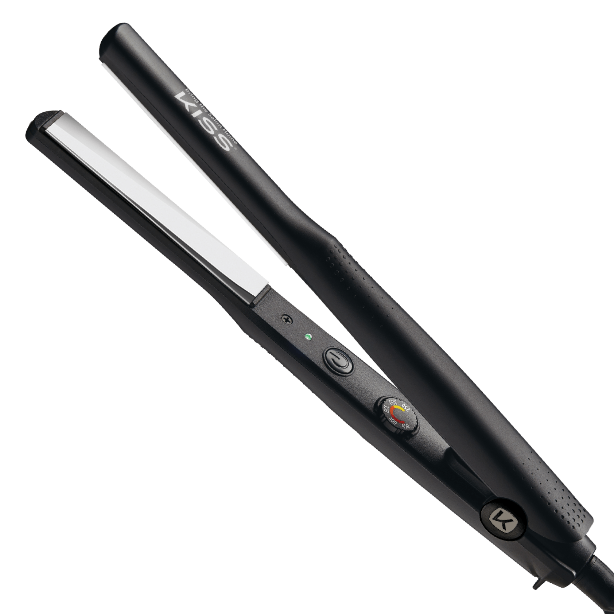 Black KISS Nano Titanium professional flat iron with 1/2 inch silver plates, power button, temperature dial marked up to 450°F, and green indicator light.