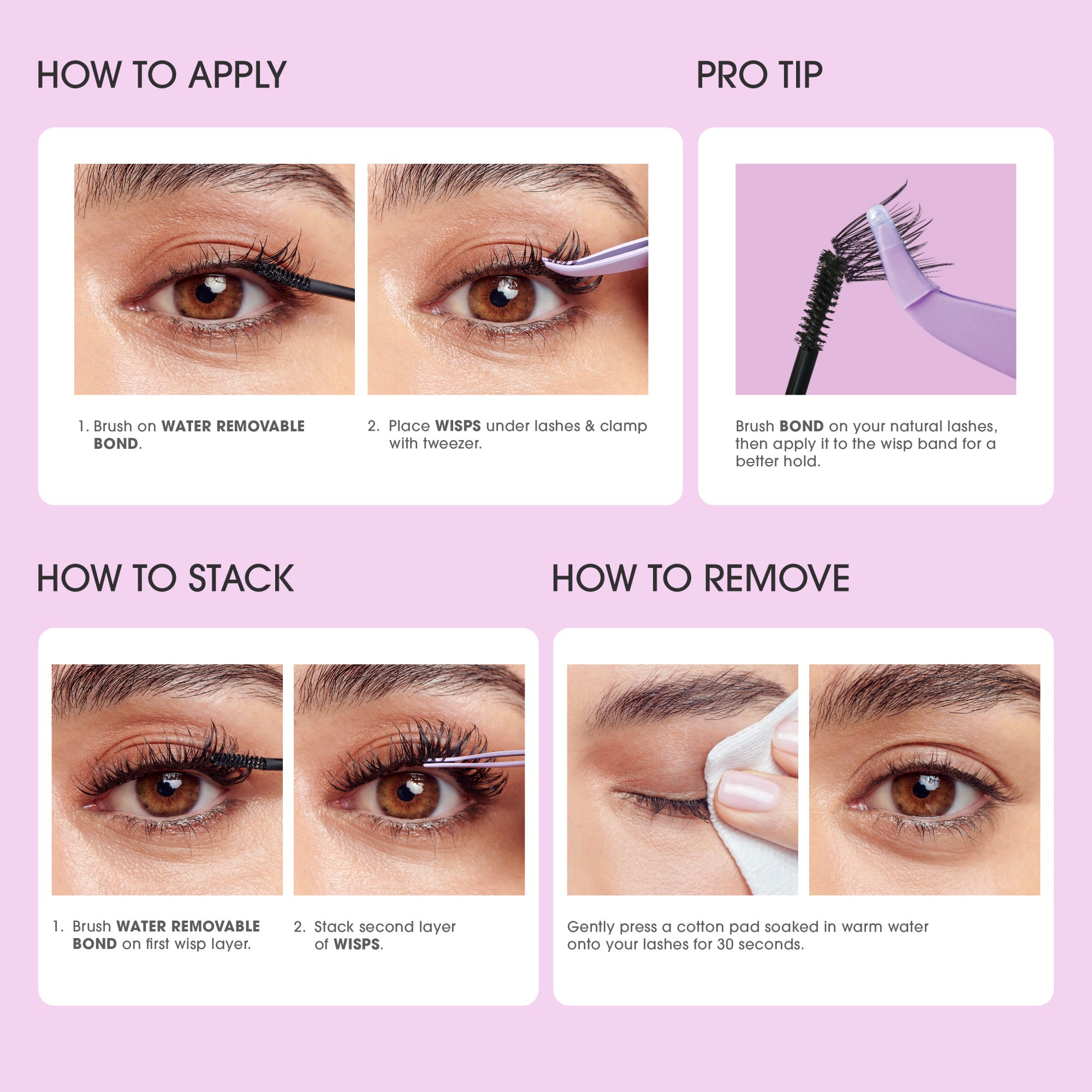 False lashes application guide: bonding, stacking, and removal steps with close-up eye demonstrations.