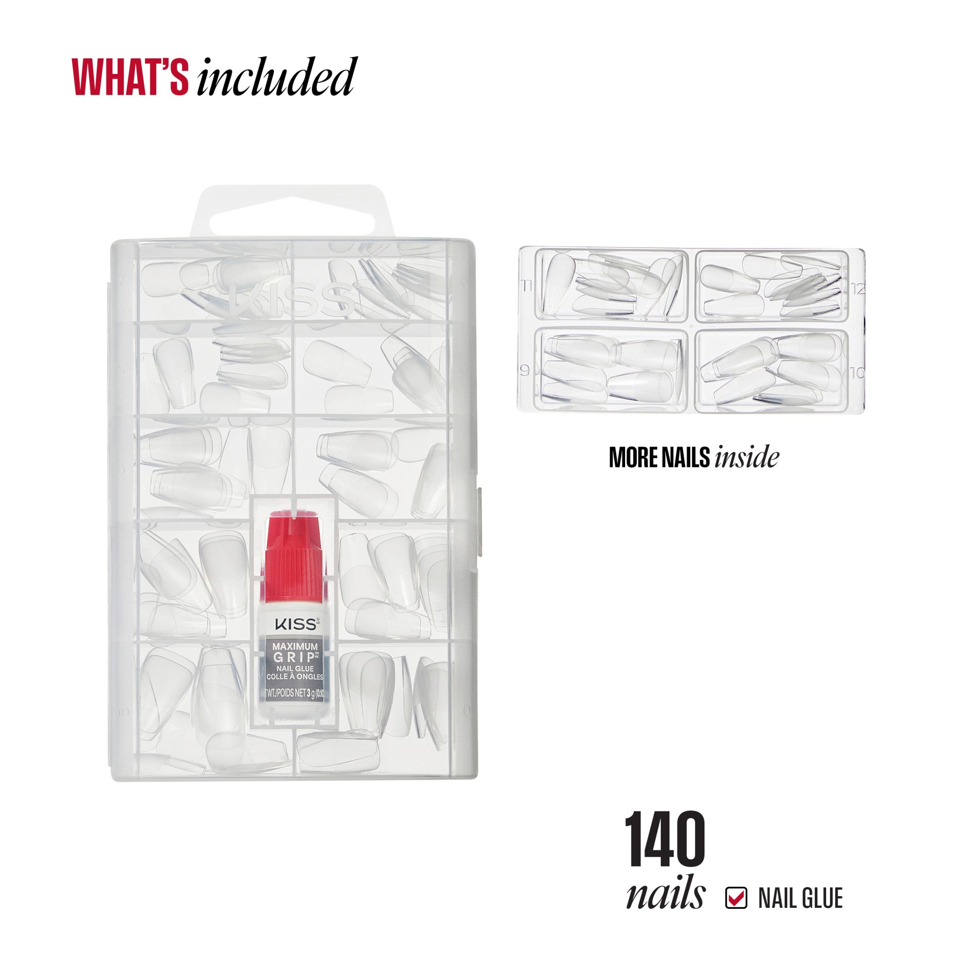 Kiss 140 Nails Kit with Maximum Grip Nail Glue and storage case.