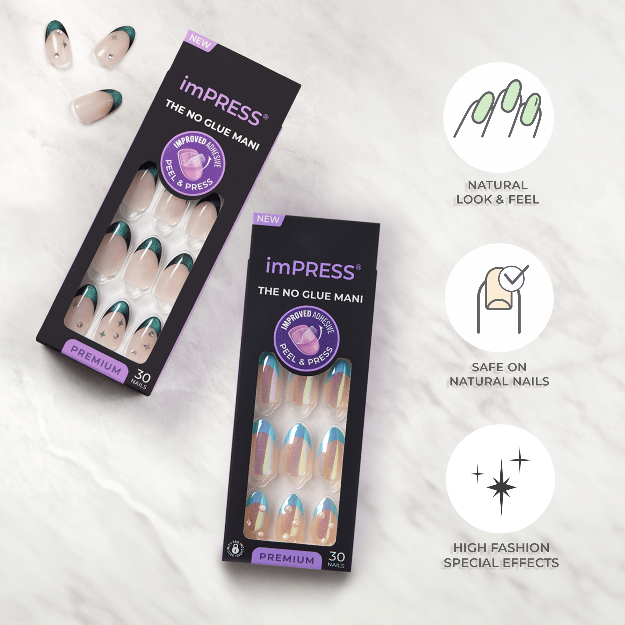 Two imPRESS Premium Press On Nails packages show 30 nails each with improved adhesive, peel-and-press application. One set has nude nails with dark teal tips and small star and gem accents. The other set features iridescent nails with blue tips and pearl-like embellishments.