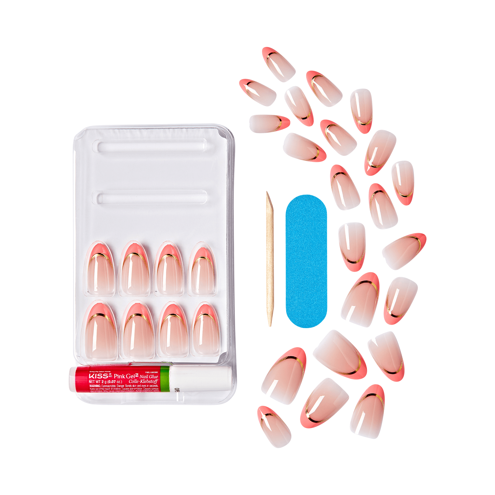 Set of 24 glossy pink-to-nude gradient press-on nails with gold metallic crescent tips, pink gel nail glue, wooden cuticle stick, and blue nail file.