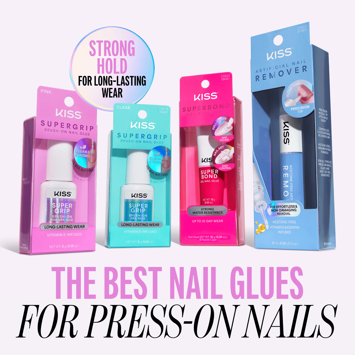 Kiss SuperGrip Brush-On Pink Nail Glue | Nail Adhesive, Press-On Glue, Vitamin E Infused, Long-Lasting Wear, Clean & Strong, Pink Tint, 0.28 oz.