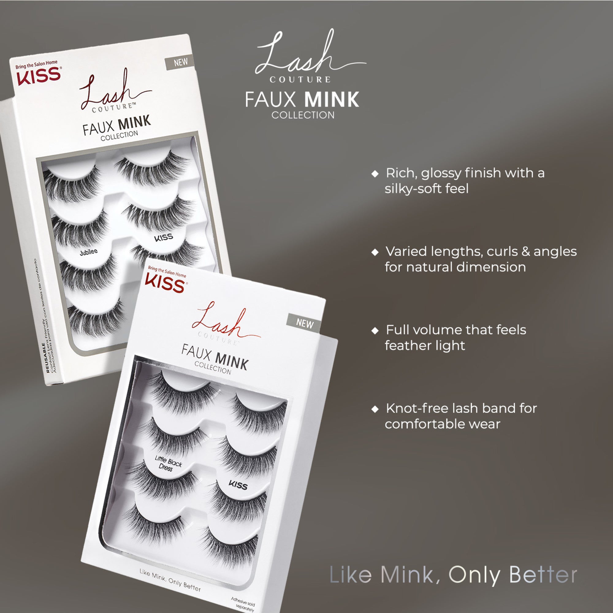 Two white boxes of KISS Lash Couture Faux Mink Collection false eyelashes, showing multipacks labeled \