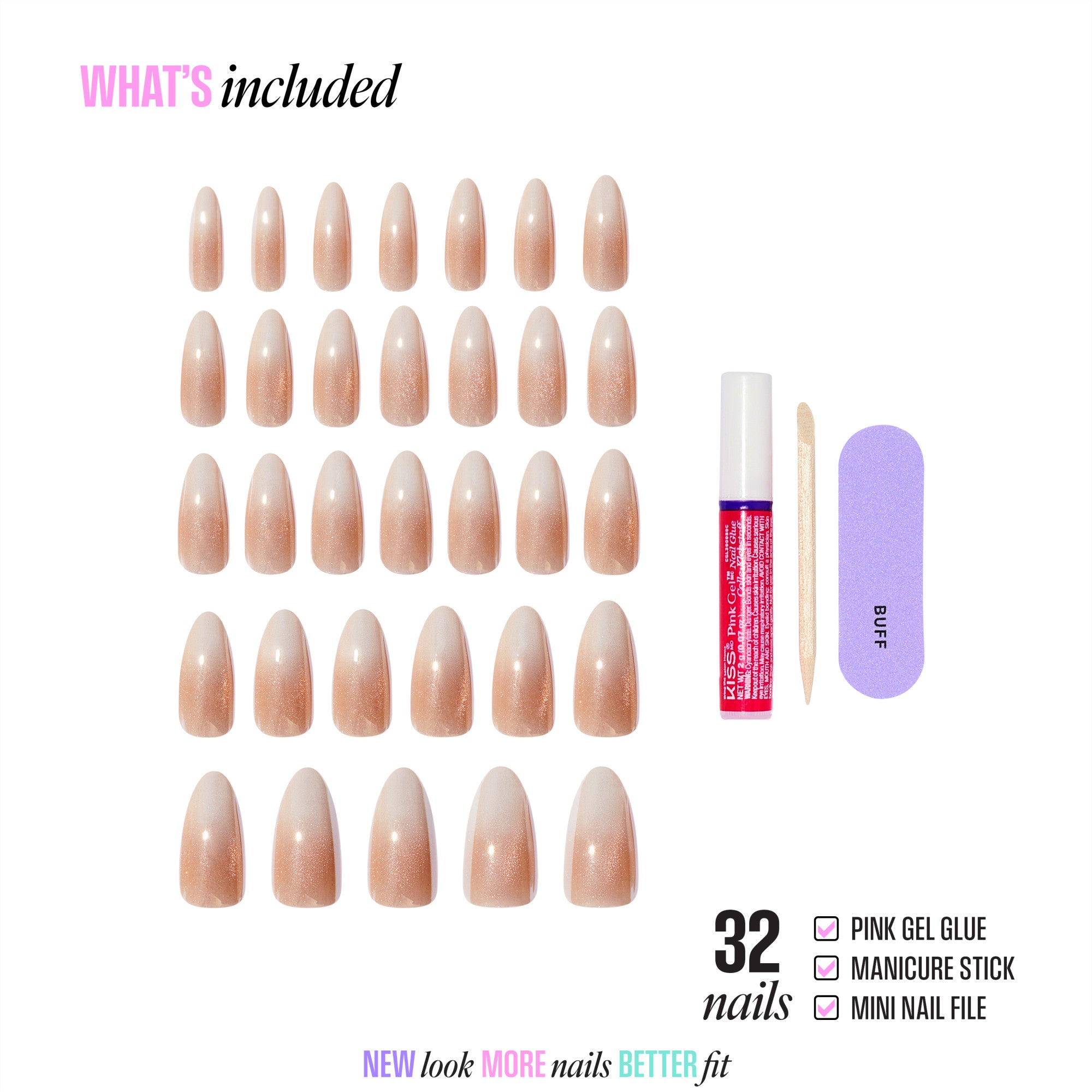 32 nude glitter press-on nails with gel glue, manicure stick, and nail file included.