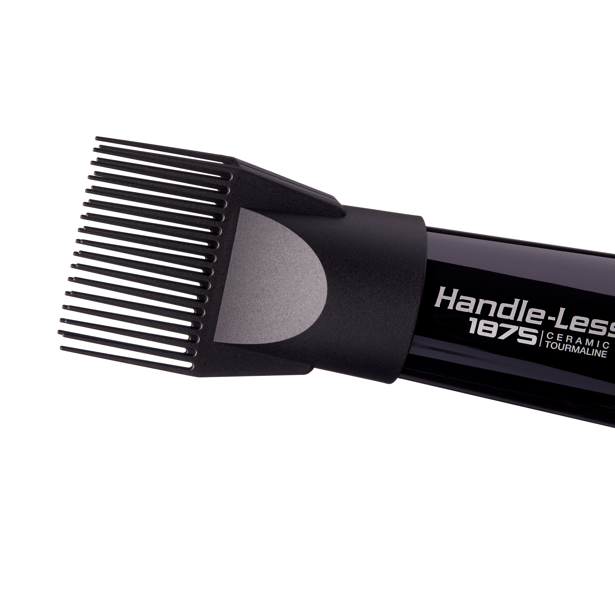 Black handle-less ceramic tourmaline hair dryer with a built-in comb attachment, showing partial product name and features on the side.