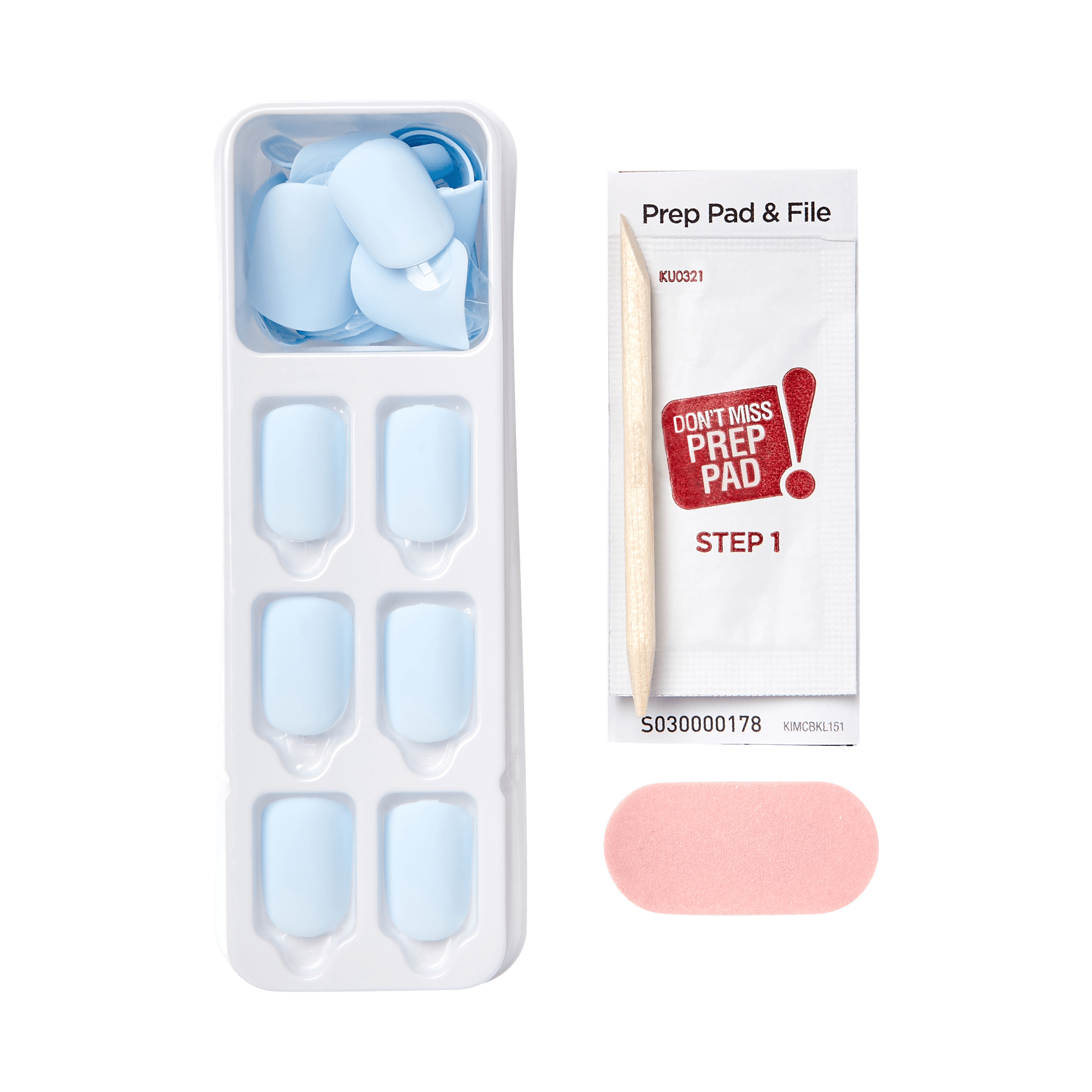 Tray of light blue press-on nails with a wooden cuticle stick, a white packet labeled \