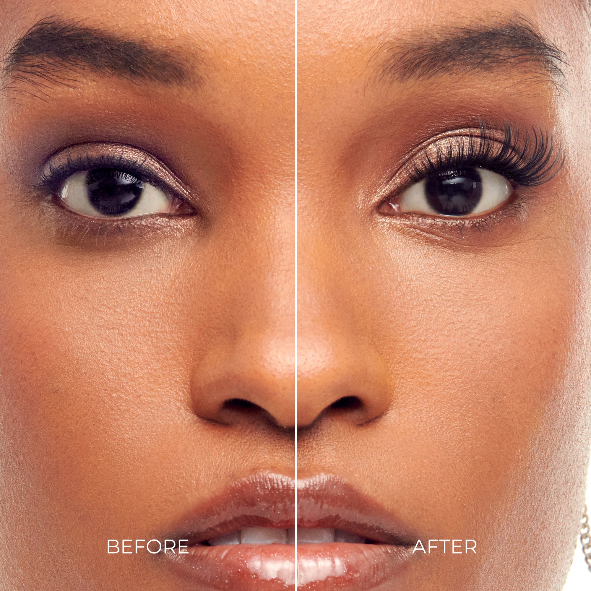 Before and after eye makeup comparison showing eyeshadow and lash application.