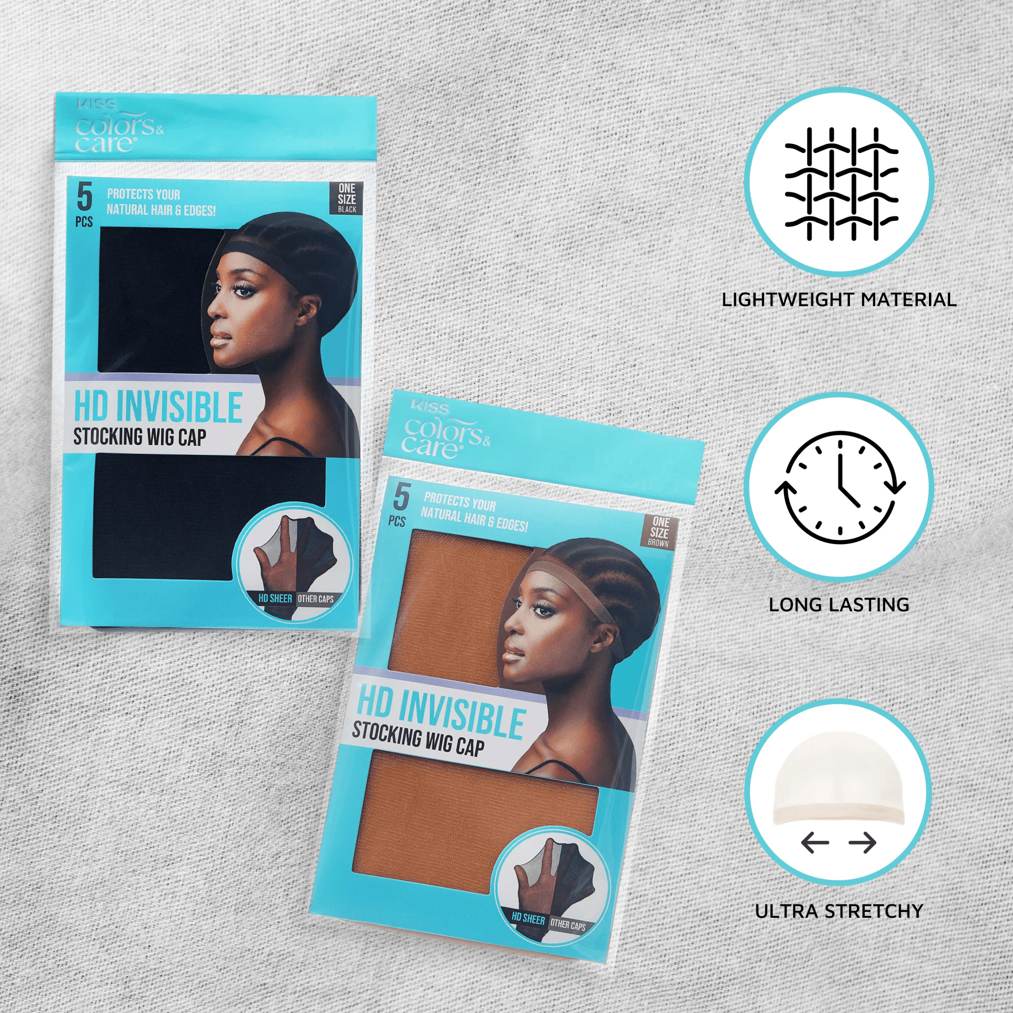 Two packages of KISS Colors & Care HD Invisible Stocking Wig Caps in black and brown, featuring a profile of a woman wearing the cap. Text highlights "Protects your natural hair & edges!" and "HD Sheer.