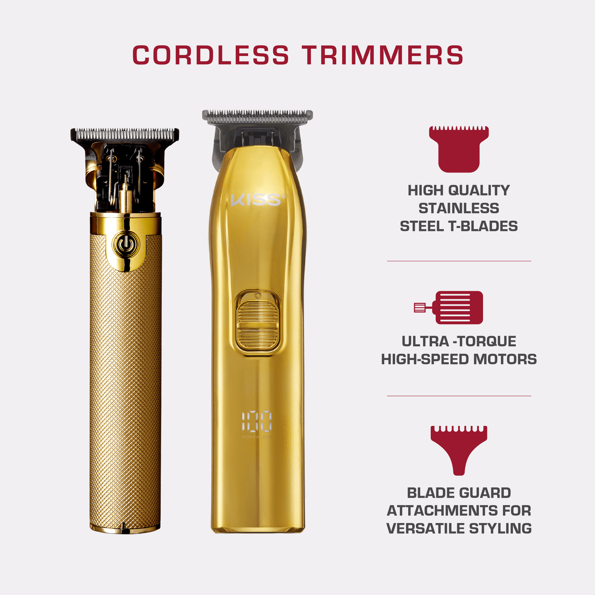 Two gold cordless trimmers side by side, one with a textured handle and exposed blades, the other sleek with a power switch and digital display.