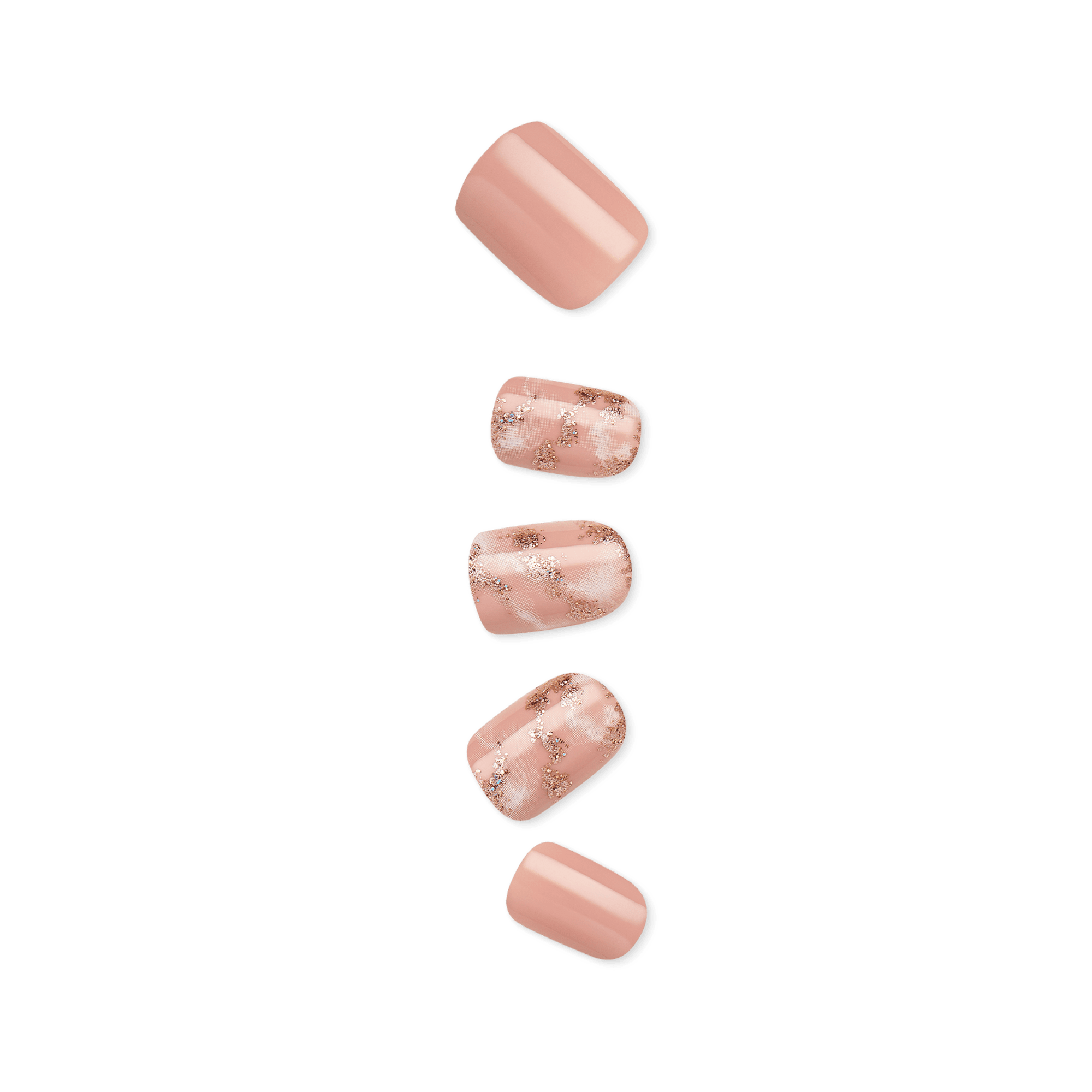 Set of five press-on nails in soft nude pink; three nails feature a marble-like pattern with rose gold foil accents.