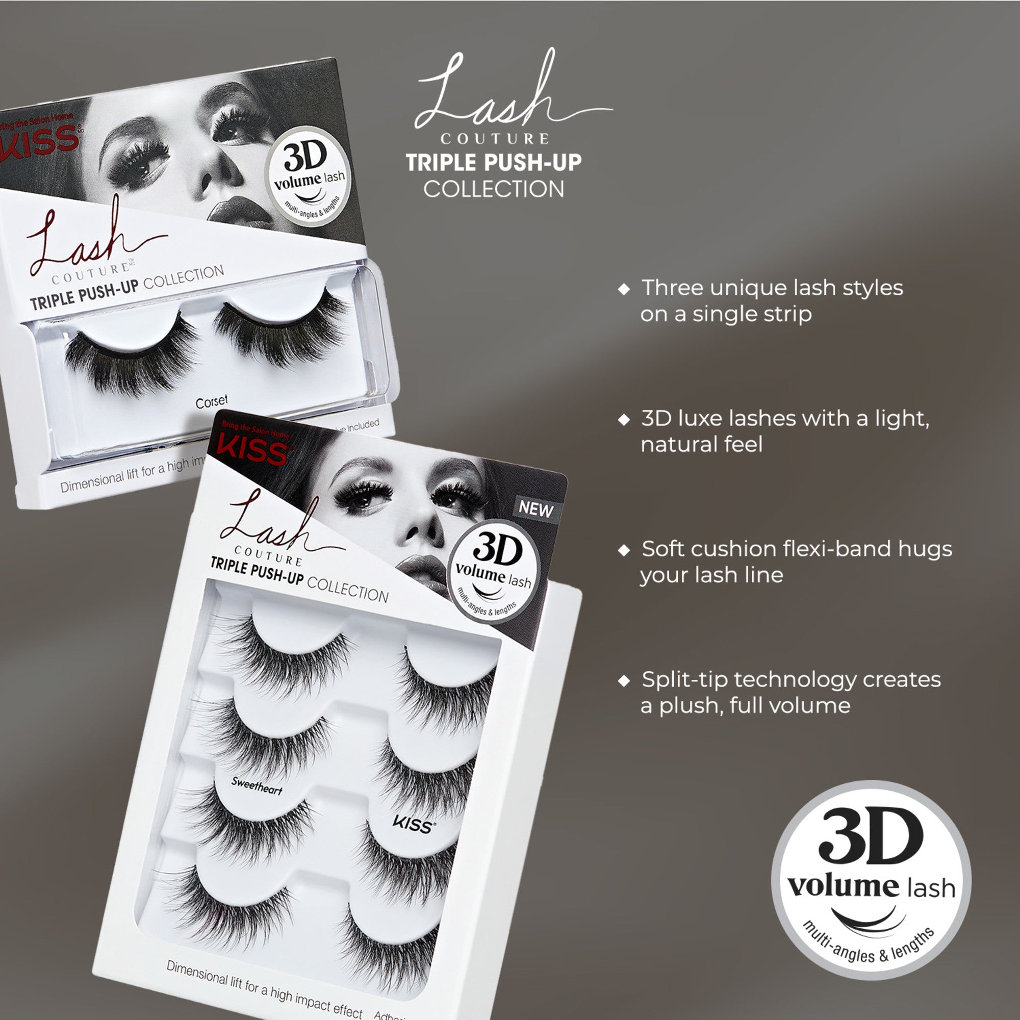Two packages of KISS Lash Couture Triple Push-Up Collection false eyelashes in black, showing three pairs per pack with mix of styles named Corset and Sweetheart.
