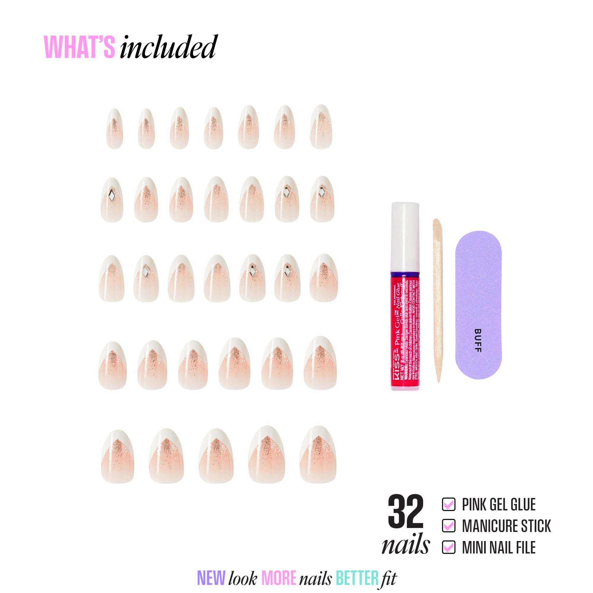 32 press-on nails with gel glue, manicure stick, and nail file included.
