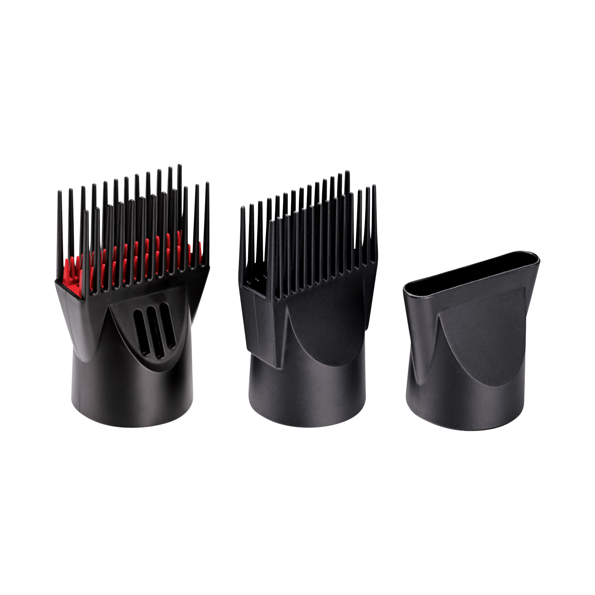 Three black plastic hair dryer attachments for the 1875 Pro Tourmaline Ceramic Dryer, including two comb-style diffusers and one concentrator nozzle.