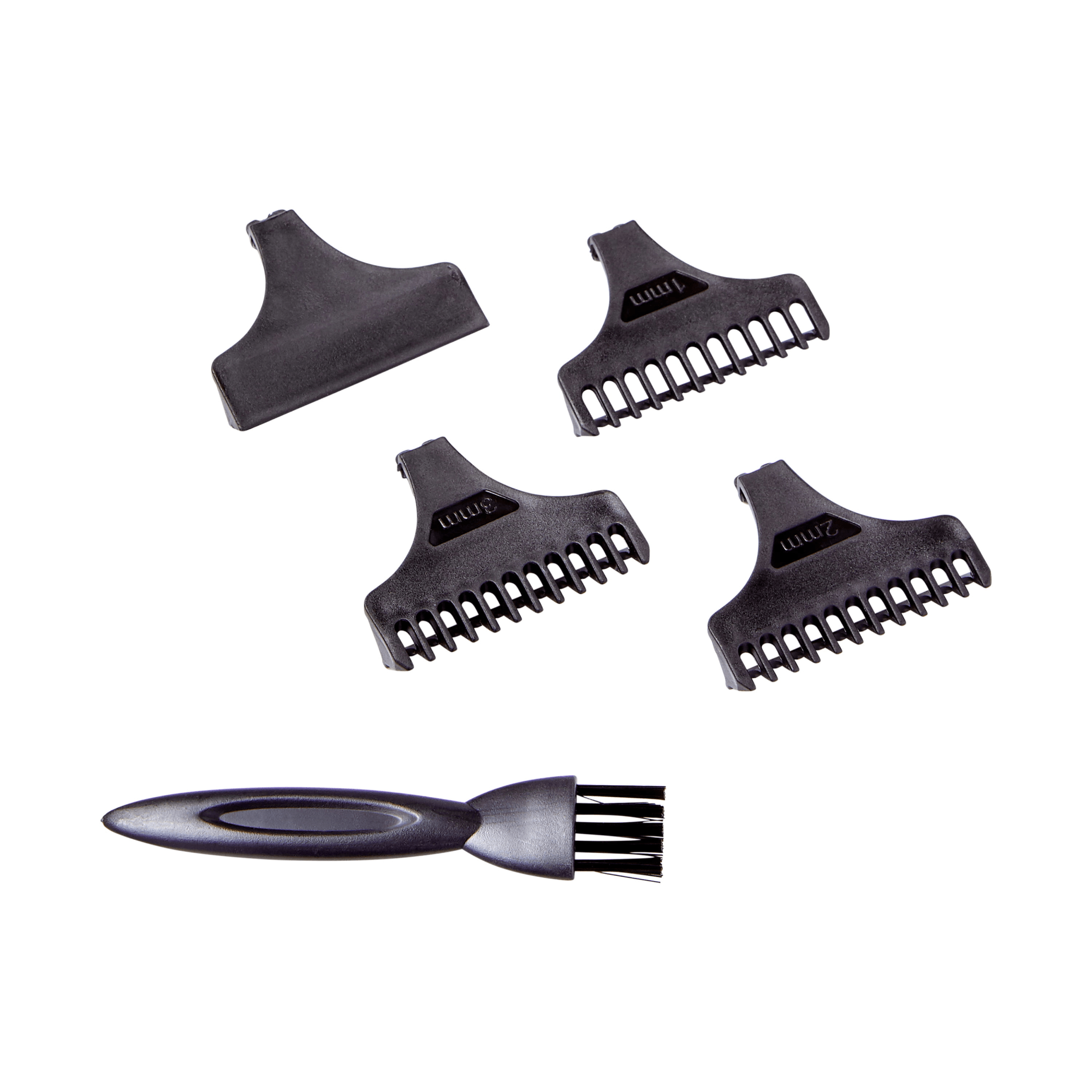 Four black plastic clip-on comb attachments for a cordless trimmer, labeled with sizes 1mm, 2mm, and 3mm, plus a small black cleaning brush with stiff bristles.