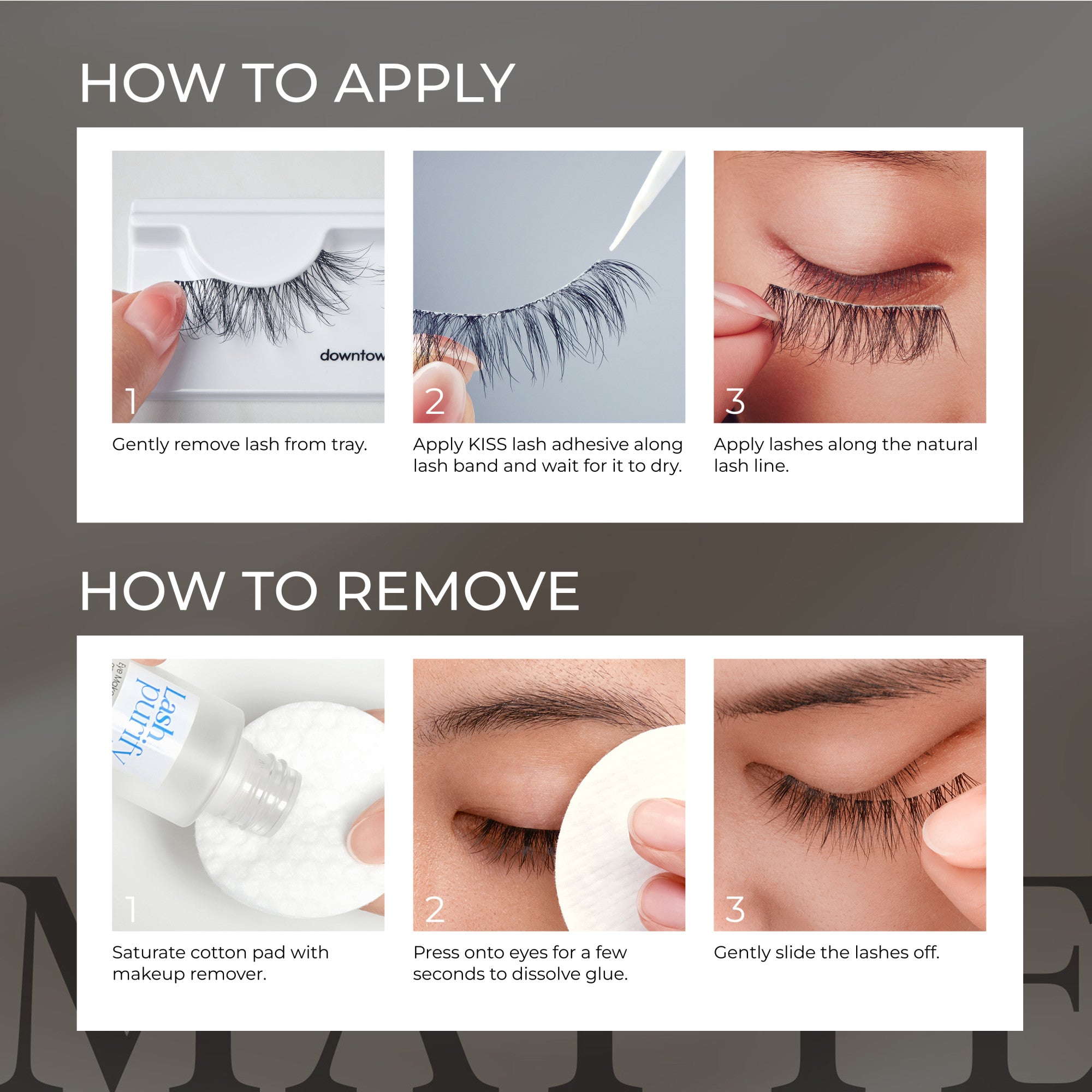 Step-by-step instructions for applying and removing KISS Lash Couture Matte Black lashes: removing lashes from tray, applying adhesive and pressing on lash line, and removing with makeup remover and cotton pad.